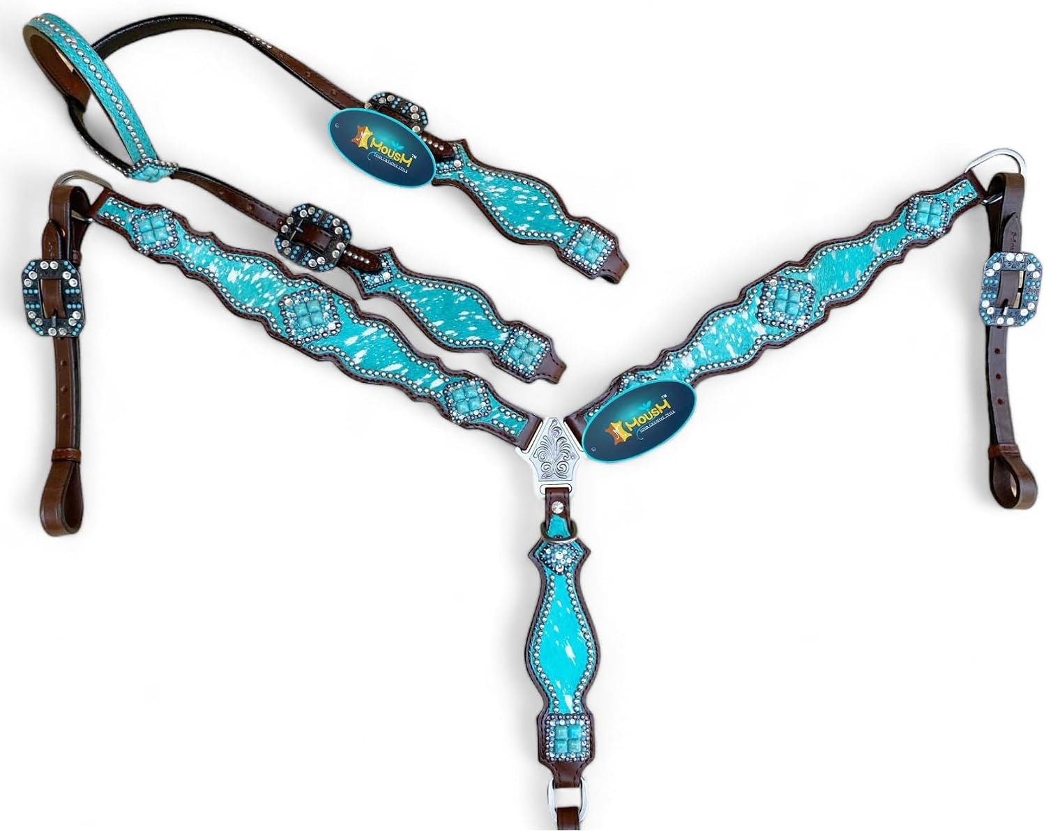 Western Leather Headstall & Breast Collar Set for Horses - Valentine's Day Silver Metallic Cowhide with Rhinestones