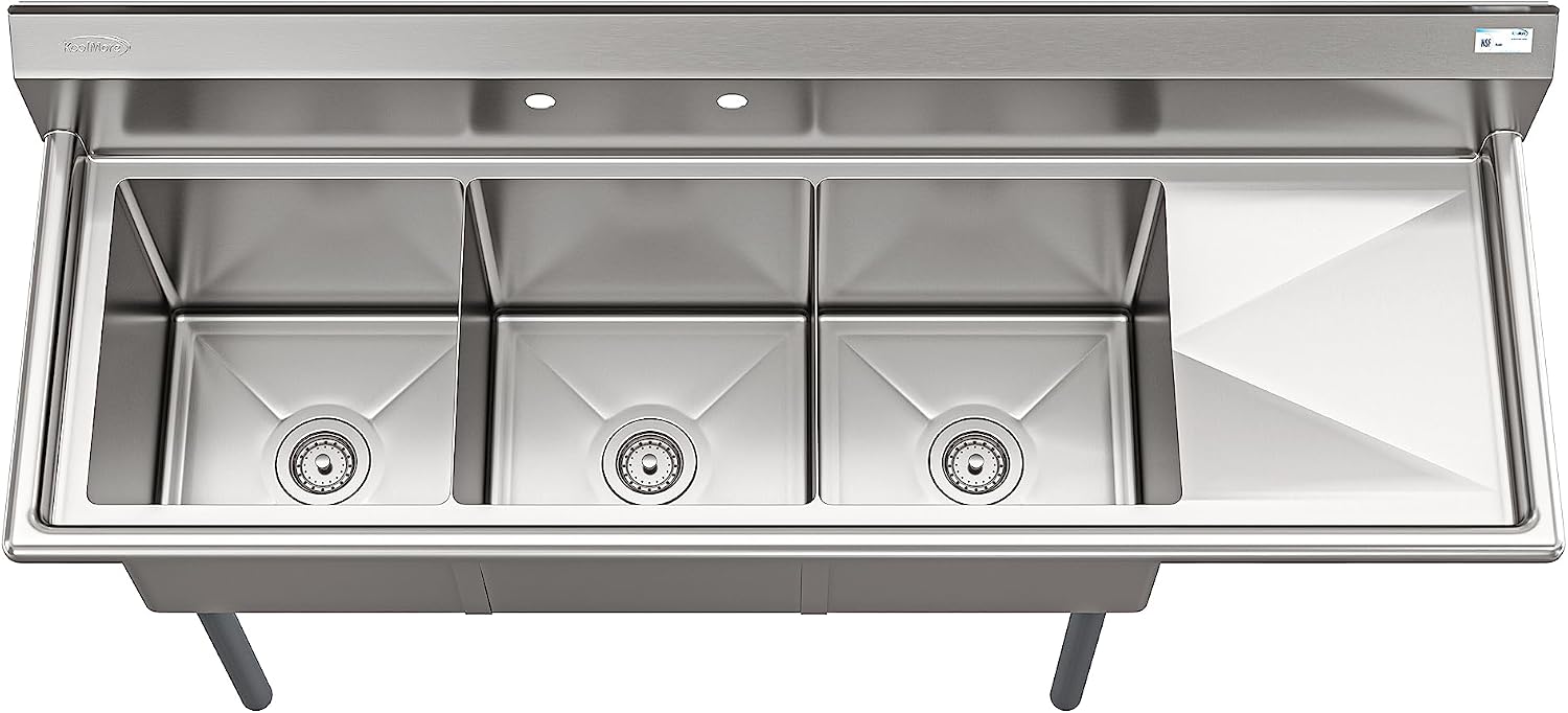 KoolMore 63 in. Three Compartment 18-Gauge Stainless-Steel NSF Commercial Kitchen Sink, Bowl Size 15x15x14, with Three Basins and Pre-Drilled Faucet Holes for Restaurants and Cafes (KM-SC151514-15R3)