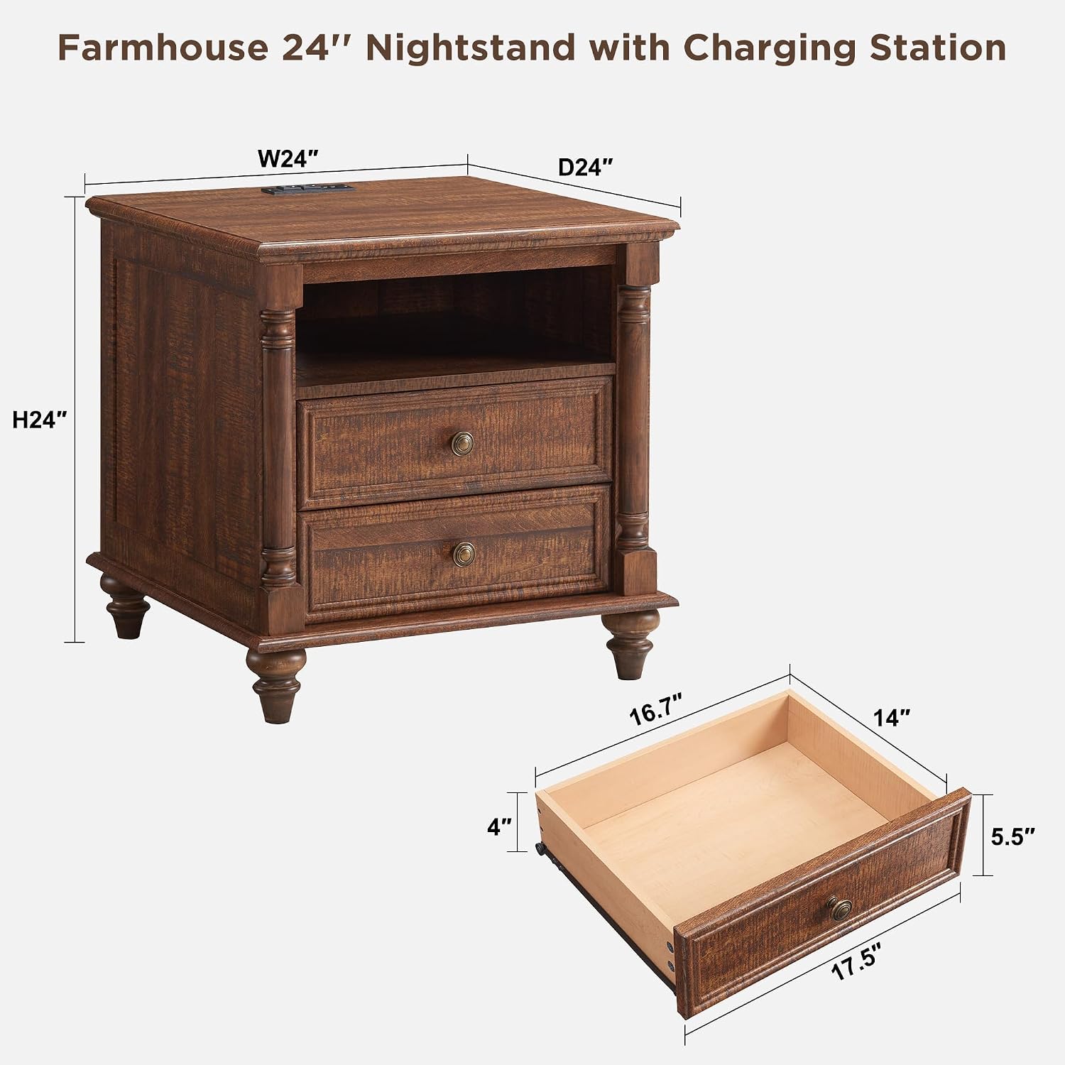 T4TREAM 24'' Farmhouse End Table w/4 Solid Wood Feet Set of 2, Large 2 Drawers Sofa Side Table with Charging Station, Rustic Wood Square Nightstand for Living Room, Bedroom, Office, Reclaimed Barnwood