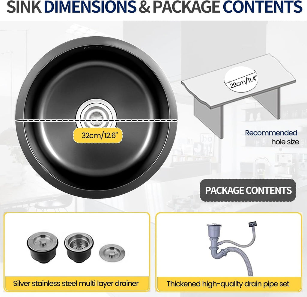 Stainless Steel Kitchen Sink, Single Bowl Sink With Drain Fittings & Overflow, Small Washing Basin, Round Pool For Utility Room, Kitchen, Bar, Pub, Drop In & Undermount(Black,32cm)