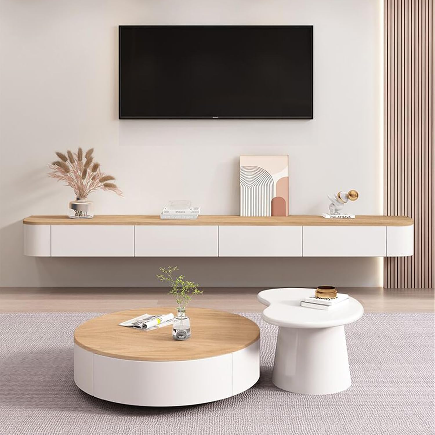 [Fully Assembled] 70.9' Floating TV Stand - No Assembly Needed Wall Mounted Media Console with Storage & Cable Management, Modern Entertainment Center with Rounded Corners for Living Room (Wood)