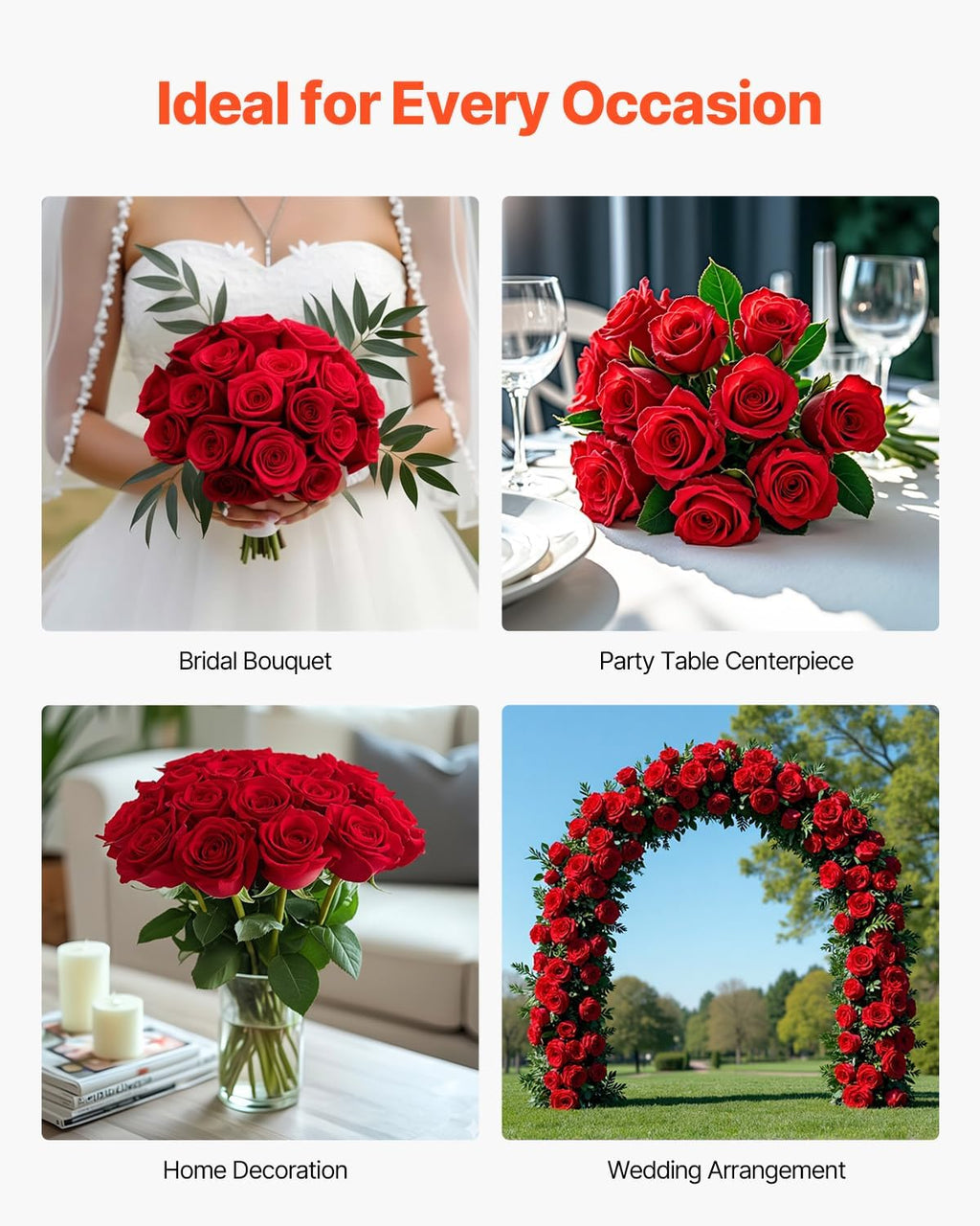 VEVOR Artificial Flowers, 500 pcs Real Looking Red Foam Fake Roses Bulk, Faux Red Bridal Shower with Stems for DIY Wedding Bouquets, Home Centerpieces Arrangements, Party Tables Decorations