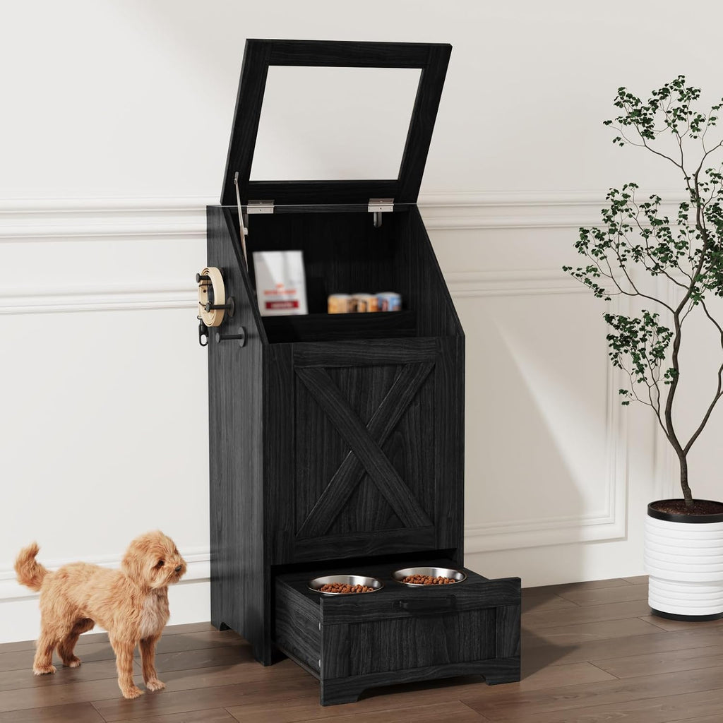 Dog Feeding Station with Storage,Wooden Pet Food Storage Cabinet,Equipped with 2 High Footed Bowls and 3 Hooks,Top Glass Flip Cover,Anti Tipping Device (Dog Feeding Station-Black)