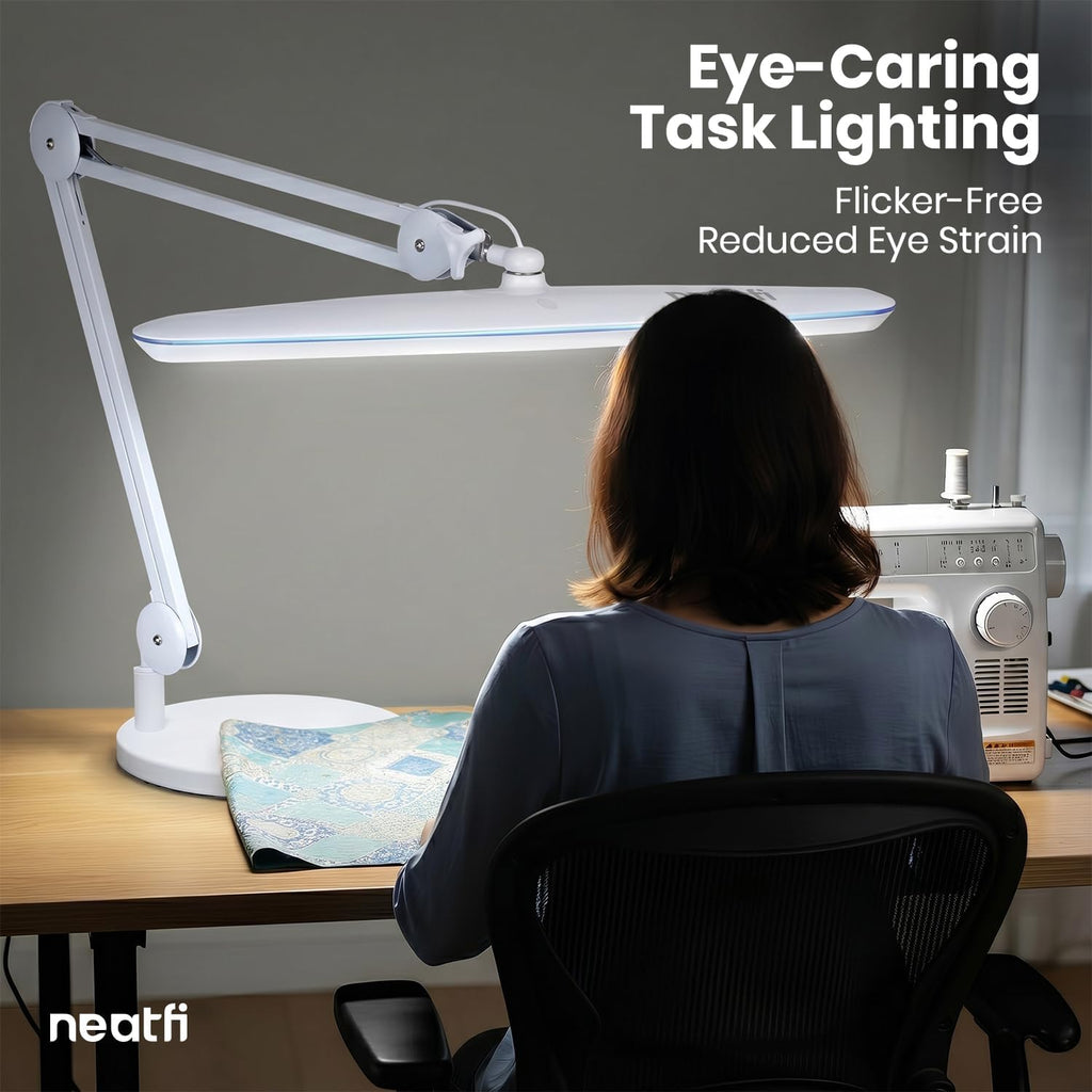 Neatfi XL 24W LED Desk Lamp – 2,200 Lumens | 23' Wide Shade | Dimmable Eye-Caring Task Light | Adjustable Arm | Office, Study, Crafting & Nail Techs (White, Non-CCT with Base)