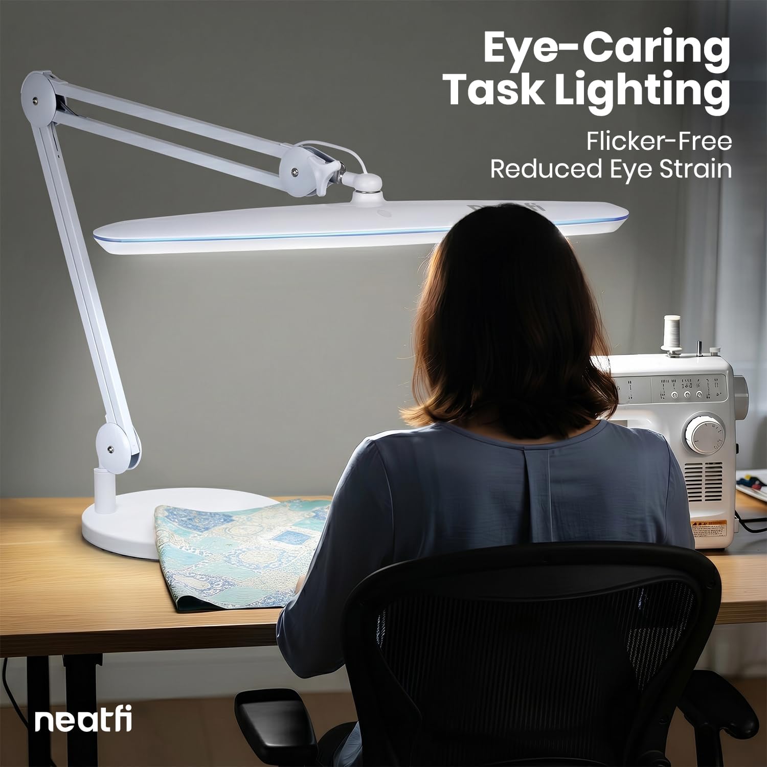 Neatfi XL 24W LED Desk Lamp – 2,200 Lumens | 23' Wide Shade | Dimmable Eye-Caring Task Light | Adjustable Arm | Office, Study, Crafting & Nail Techs (White, Non-CCT with Base)