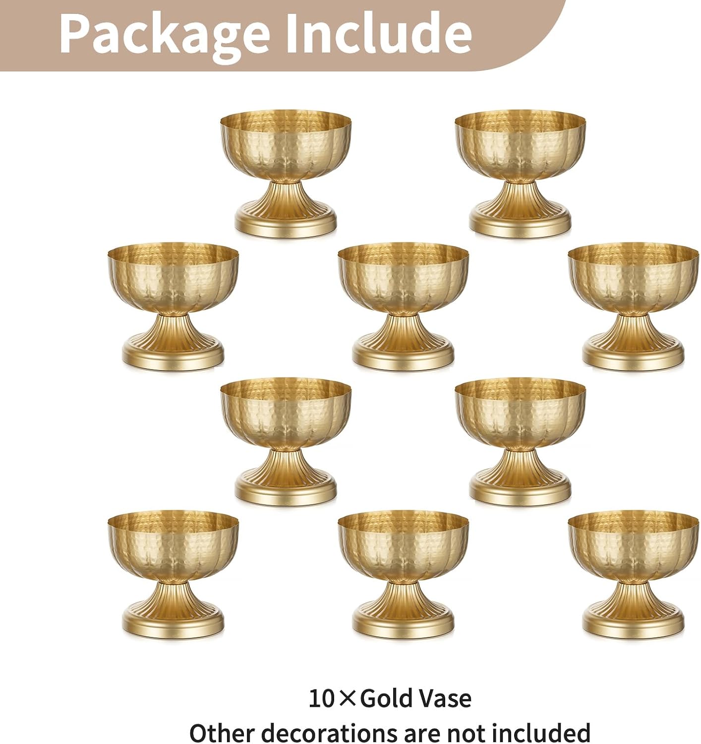 NUPTIO Gold Vases for Centerpieces Wedding: Hammered Brass Compote Vases for Small Flowers Arrangements - Metal Pedestal Bowl for Table Home Decor Set of 10
