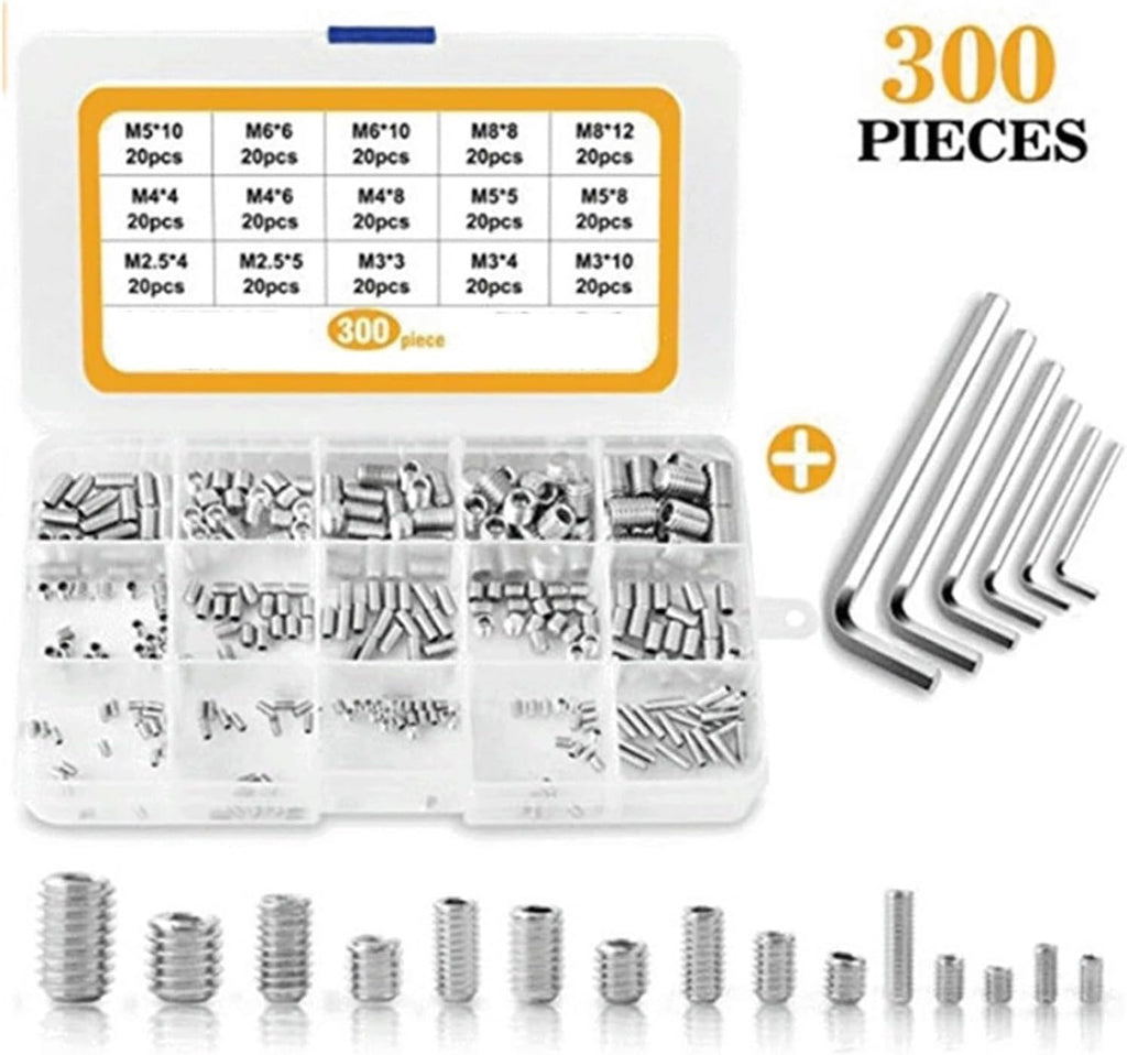 Exquisite 300Pcs Hexagon Socket Set Screw Flat Point Grub Screw Assortment Kit 304 Stainless Steel M2.5 M3 M4 M5 M6 M8 Headless Set Screw Durable