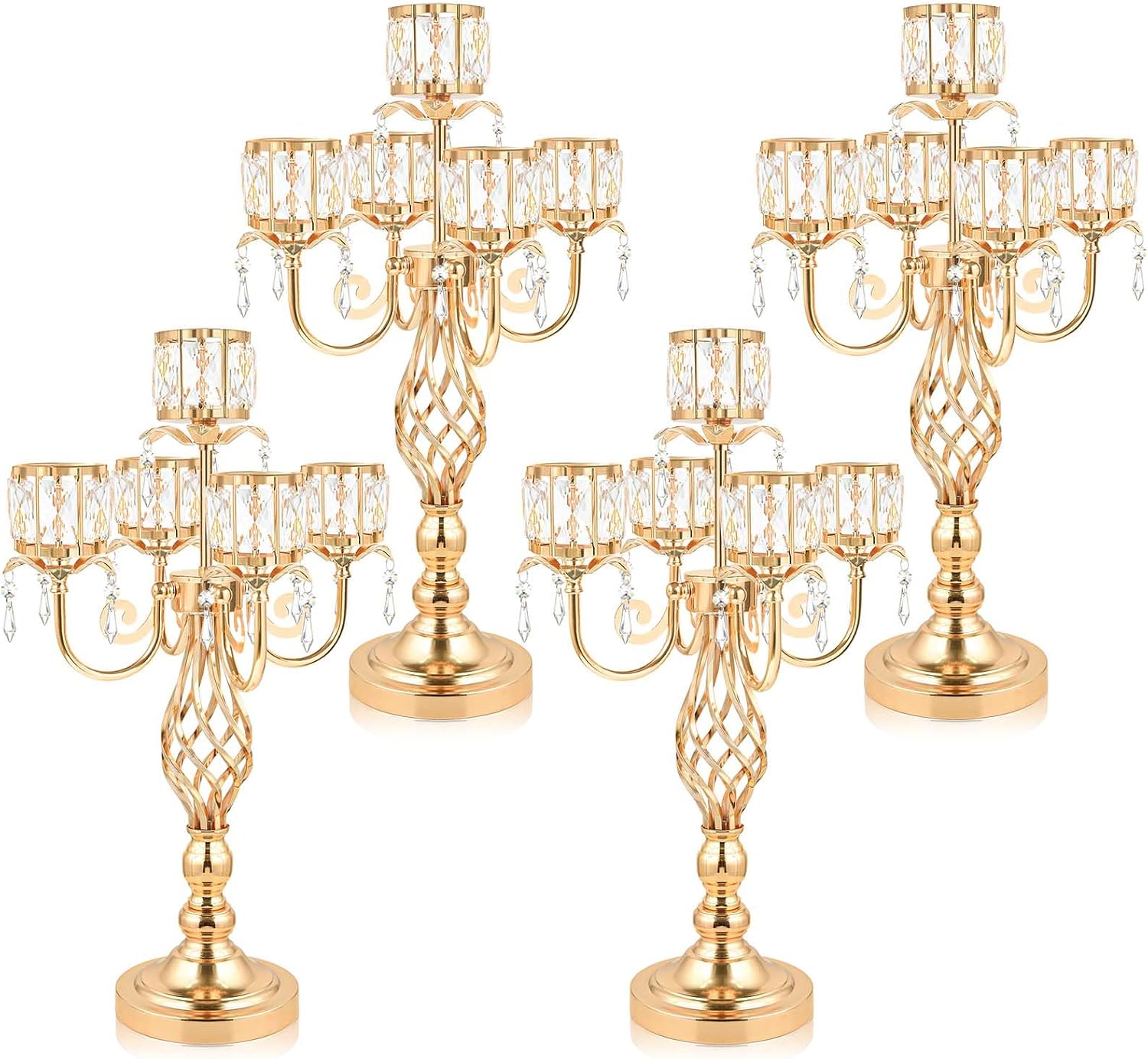 23.2 inch Tall Elegant and Chic 5 Arm Pendant Crystal Candlestick Holder Table Decoration tealight Candle Holder, Candelabra for Gorgeous Wedding/Parties Table Centerpiece (4, Gold)