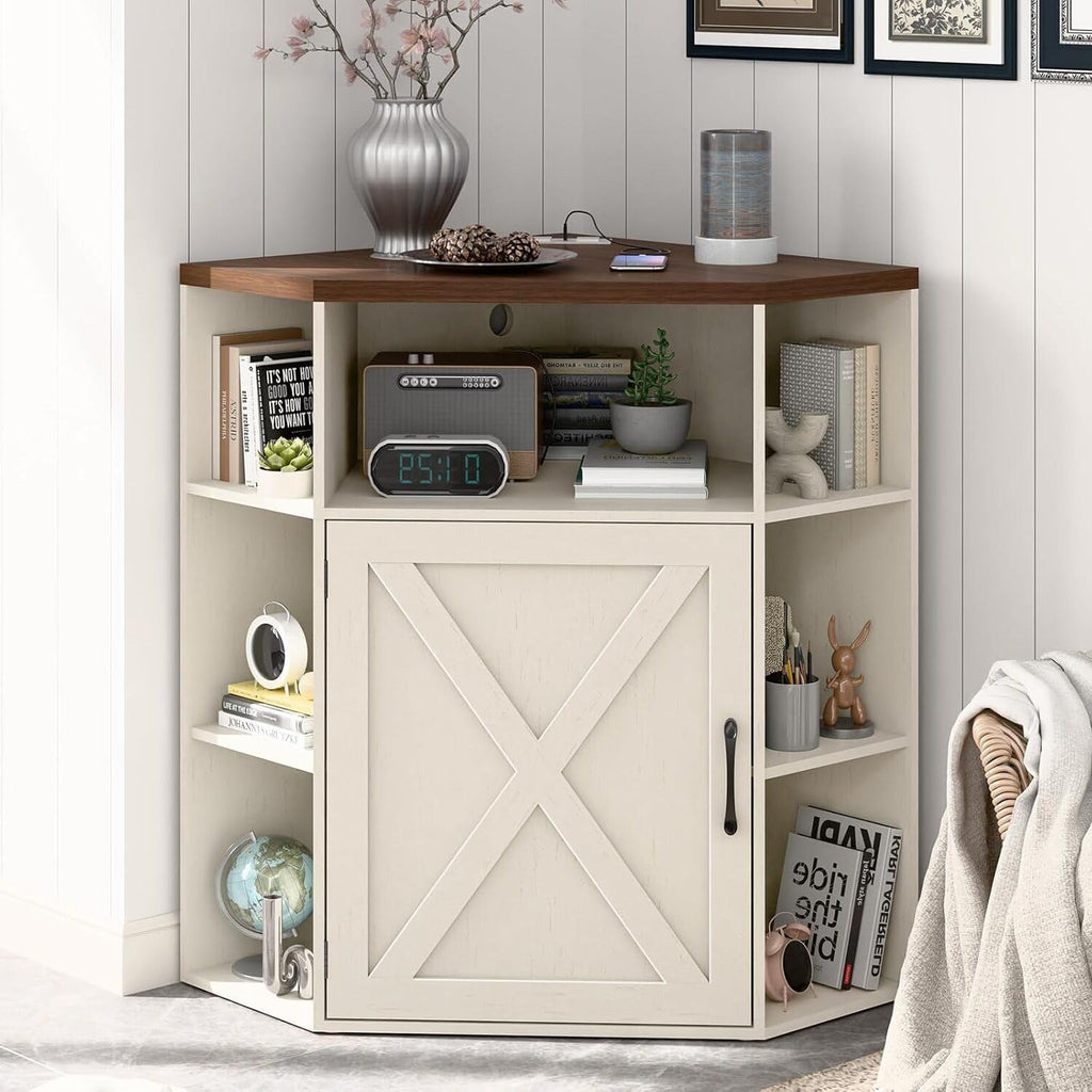 Halitaa Corner Storage Cabinet, 6-Cubby Wooden Cabinet with USB Ports and Outlets, Farmhouse Corner Bookshelf with Storage Industrial Organizer for Study, Playroom, Living Room, White and Brown