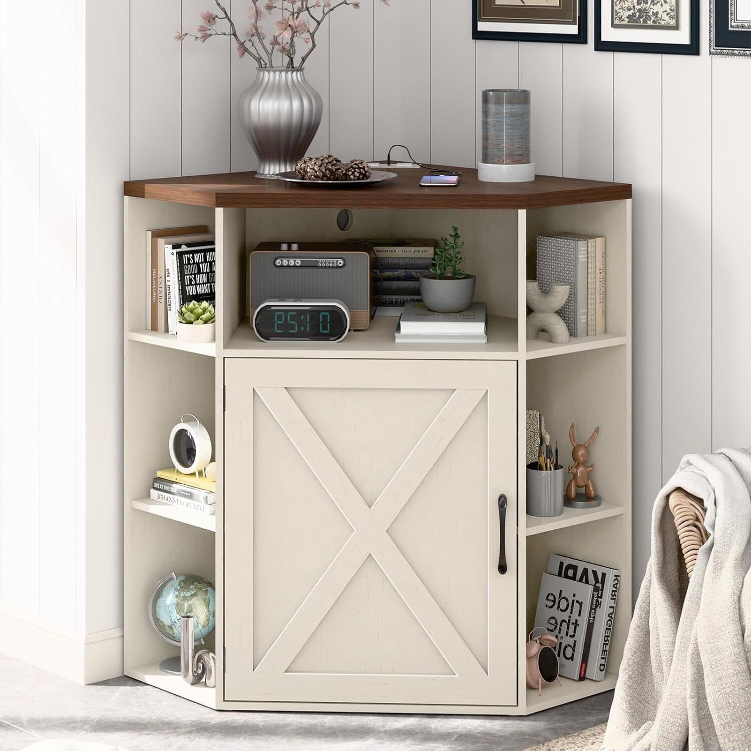 Halitaa Corner Storage Cabinet, 6-Cubby Wooden Cabinet with USB Ports and Outlets, Farmhouse Corner Bookshelf with Storage Industrial Organizer for Study, Playroom, Living Room, White and Brown