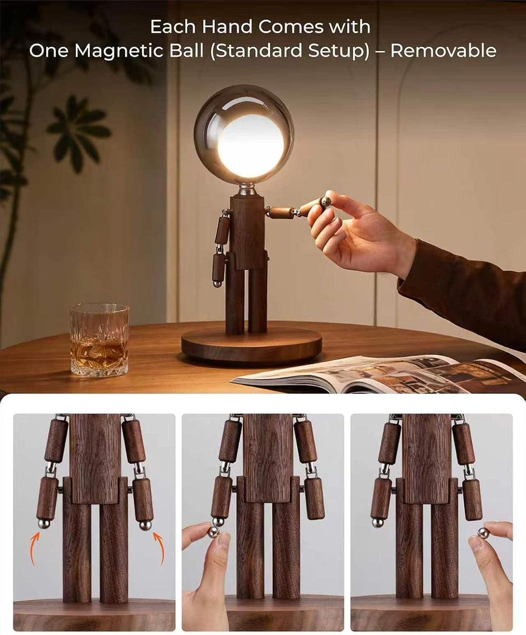 Cordless Table Lamp, Rechargeable Wooden Desk Lamp with Touch Control & Stepless Dimming, 3 Color Temperatures, Bedside Lamp for Bedroom Nightstand Office, Home Decor, Unique Gifts, Black Walnut