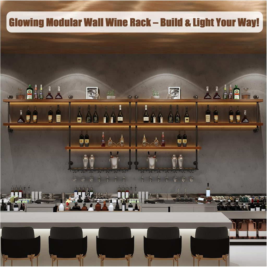 Solid Wood Wall Mounted Wine Rack, Large Wine Rack with LED Light, 4 Tiers Liquor Bottles Floating Shelves with Glass Holder, Industrial Bar Shelves for Home Bar Dining Room(51.2 in/ 130CM)