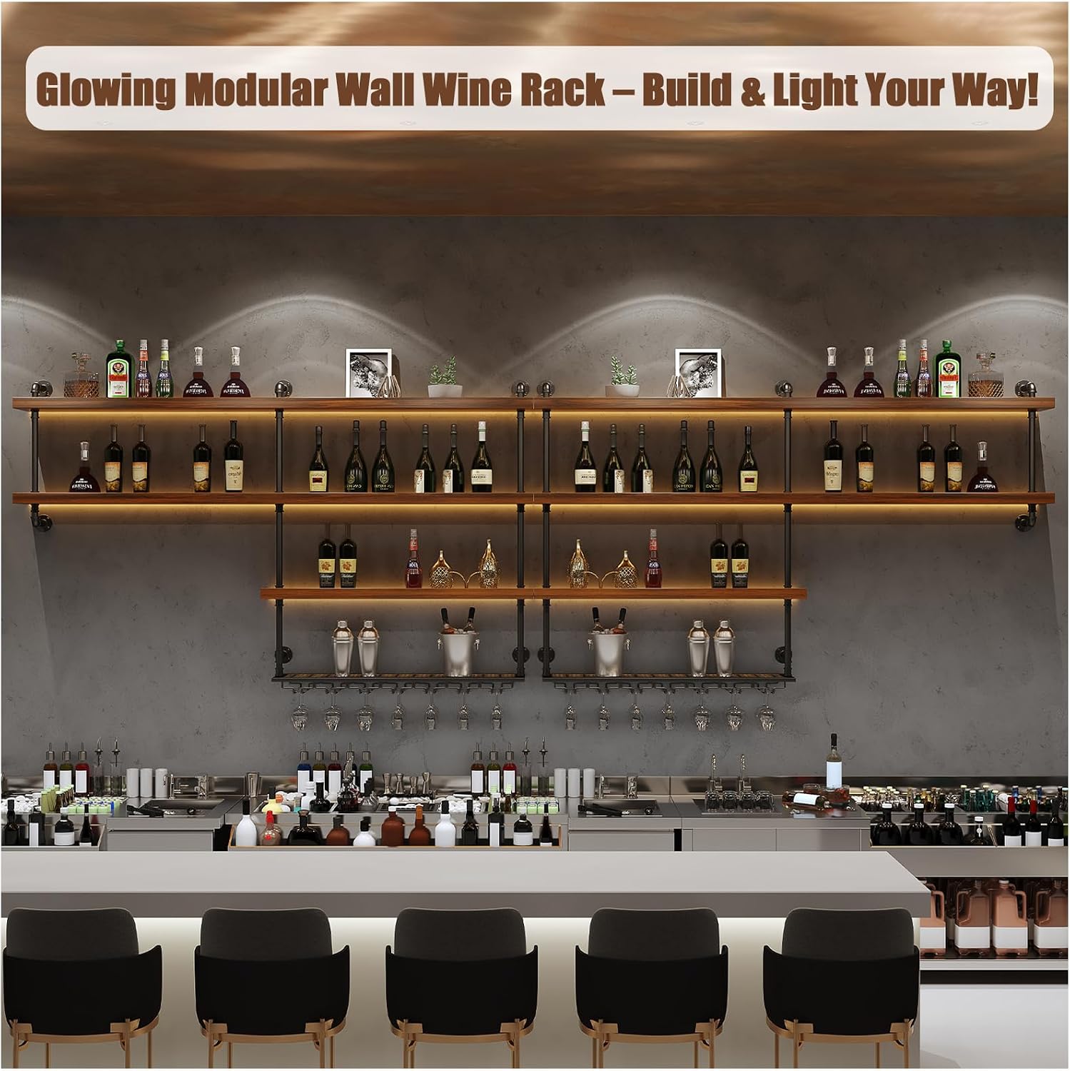 Solid Wood Wall Mounted Wine Rack, Large Wine Rack with LED Light, 4 Tiers Liquor Bottles Floating Shelves with Glass Holder, Industrial Bar Shelves for Home Bar Dining Room(51.2 in/ 130CM)