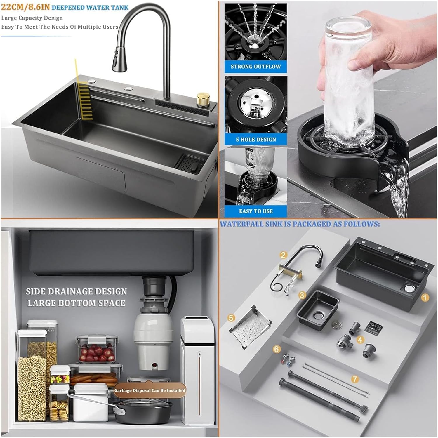 Stainless Steel Waterfall Sink Multi-functional Single Bowl Bar Sink with Pull-Out Faucet Kitchen Sink with Cup Washer Nano-Coated Workstation Sink (Color : A, Size : 75x45x22cm) (A 68x45x22cm)