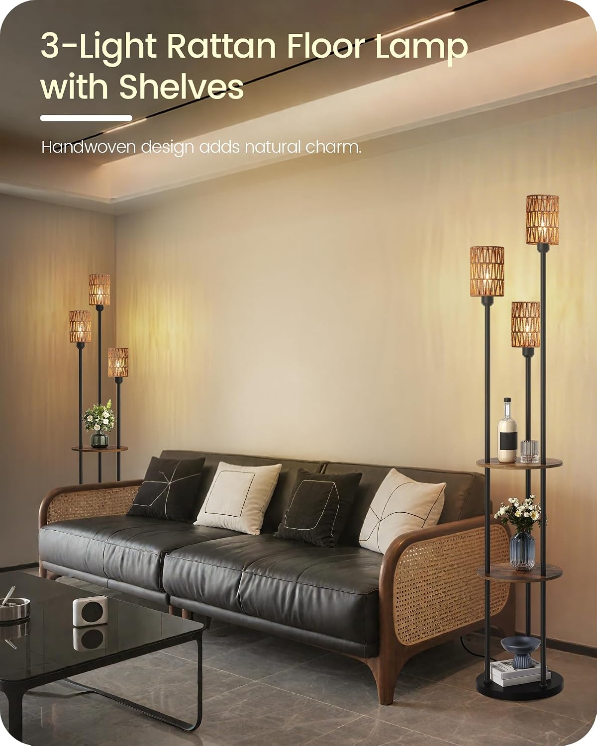 Floor Lamp with Shelves, Boho Floor Lamp with Foot Switch, 3-Light Standing Lamp, for Living Room, Bedroom, Study, Rustic Brown and Yellow YF53LD05