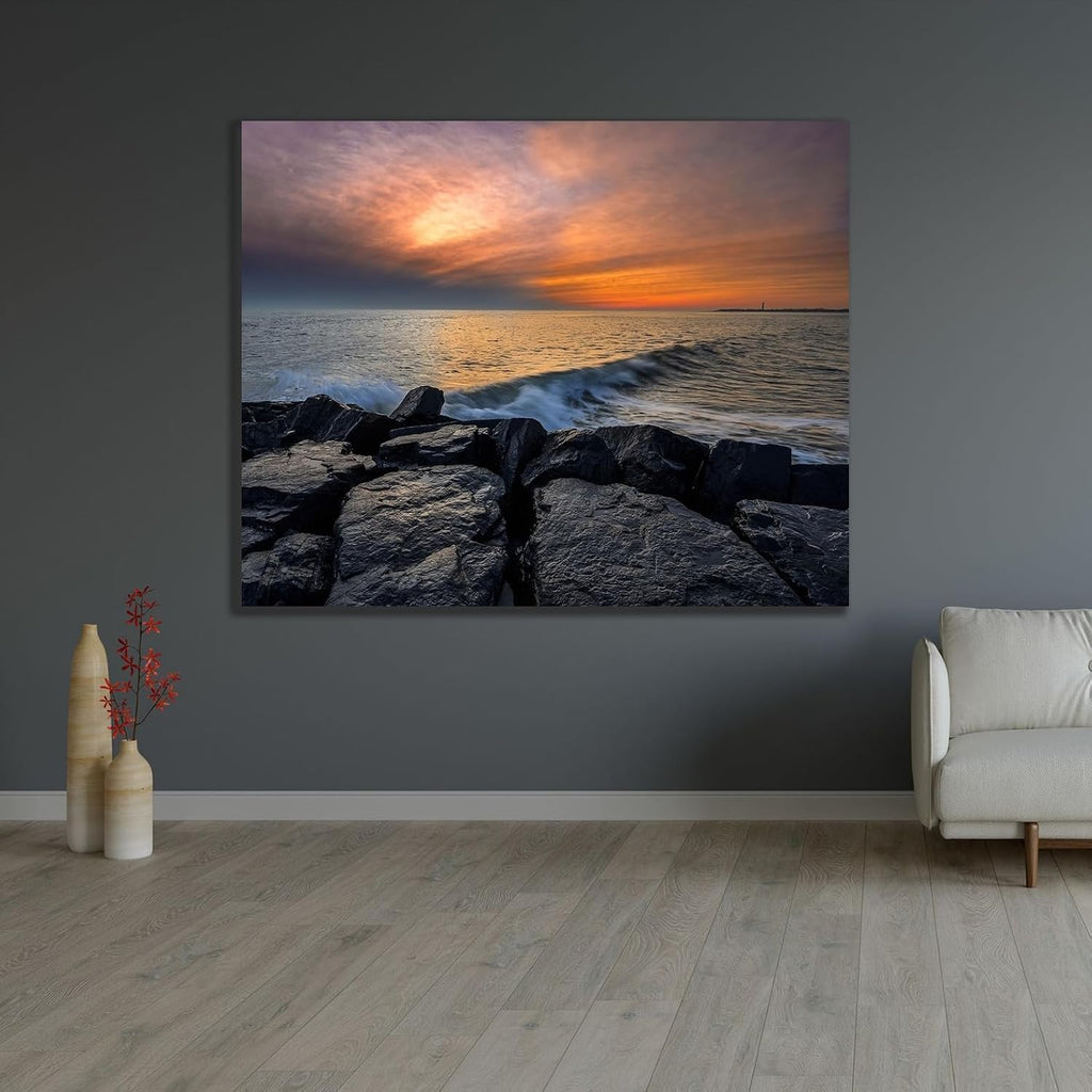 ArtDirect Jaynes Gallery 34x28 Gallery Wrapped Canvas Museum Art Titled: New Jersey-Cape May National Seashore Sunset on ocean and rocks II