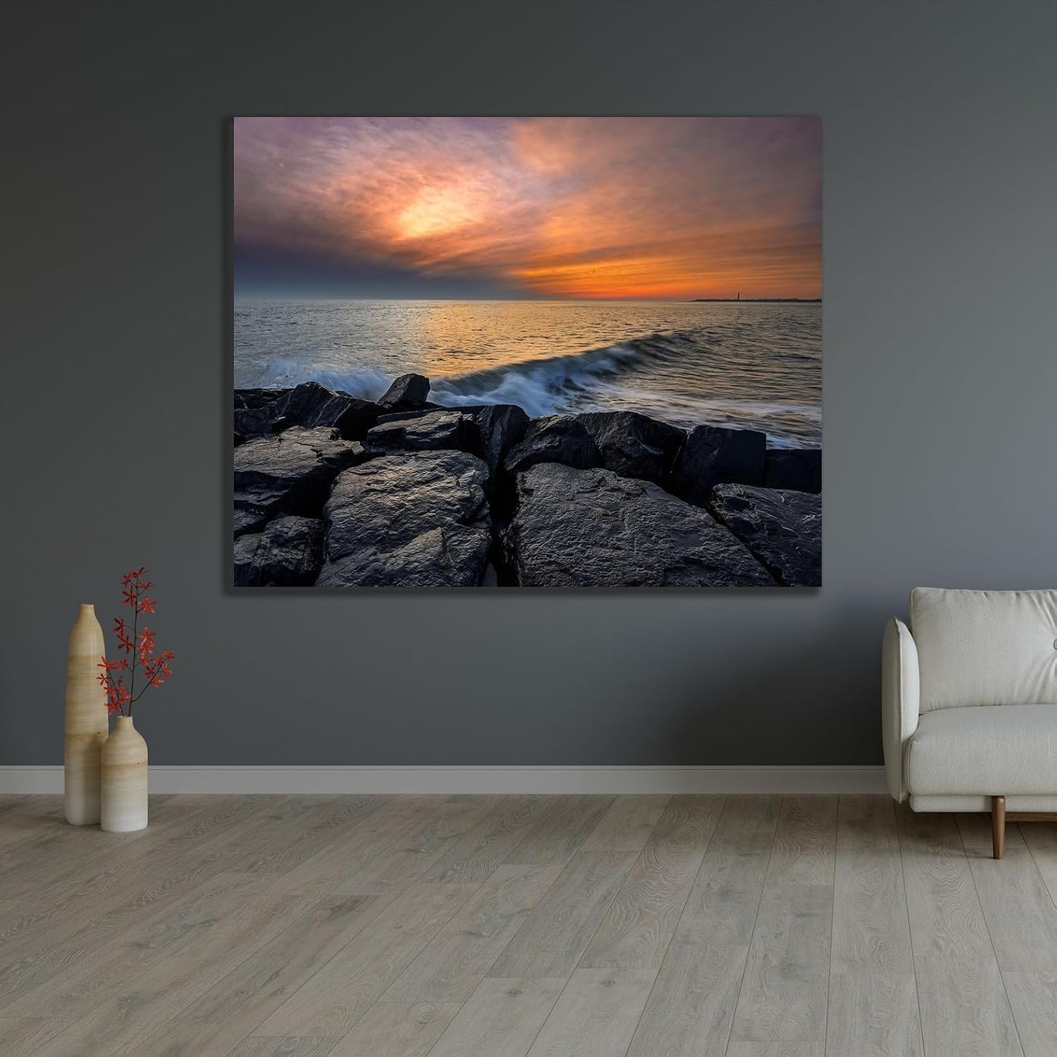 ArtDirect Jaynes Gallery 34x28 Gallery Wrapped Canvas Museum Art Titled: New Jersey-Cape May National Seashore Sunset on ocean and rocks II