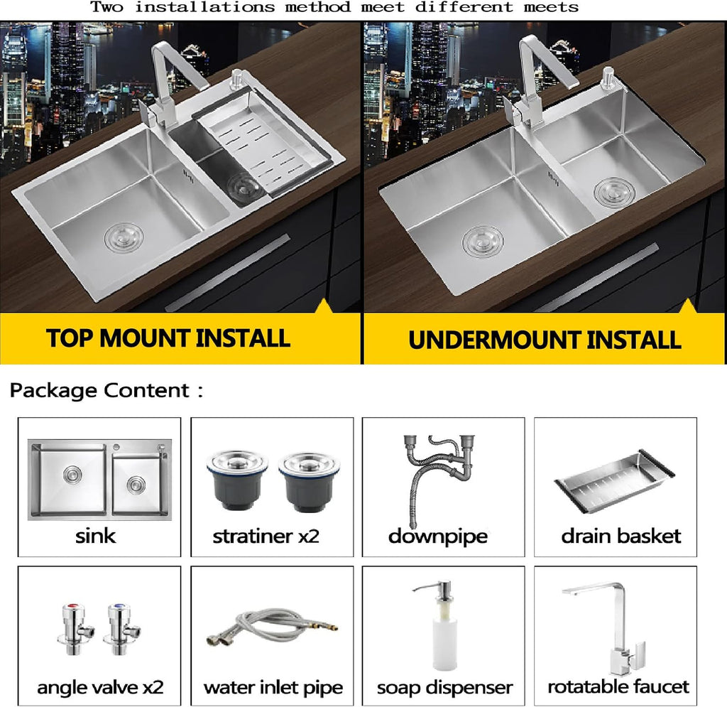 Kitchen Sinks Drop in with Faucet, Undermount Farmhouse Kitchen Sinks for Granite Countertops, Workstation Sink Drop in 28, Double Bowl Sink Stainless Steel with Accessories