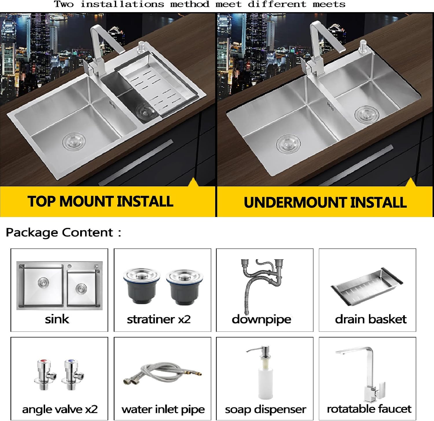 Kitchen Sinks Drop in with Faucet, Undermount Farmhouse Kitchen Sinks for Granite Countertops, Workstation Sink Drop in 28, Double Bowl Sink Stainless Steel with Accessories