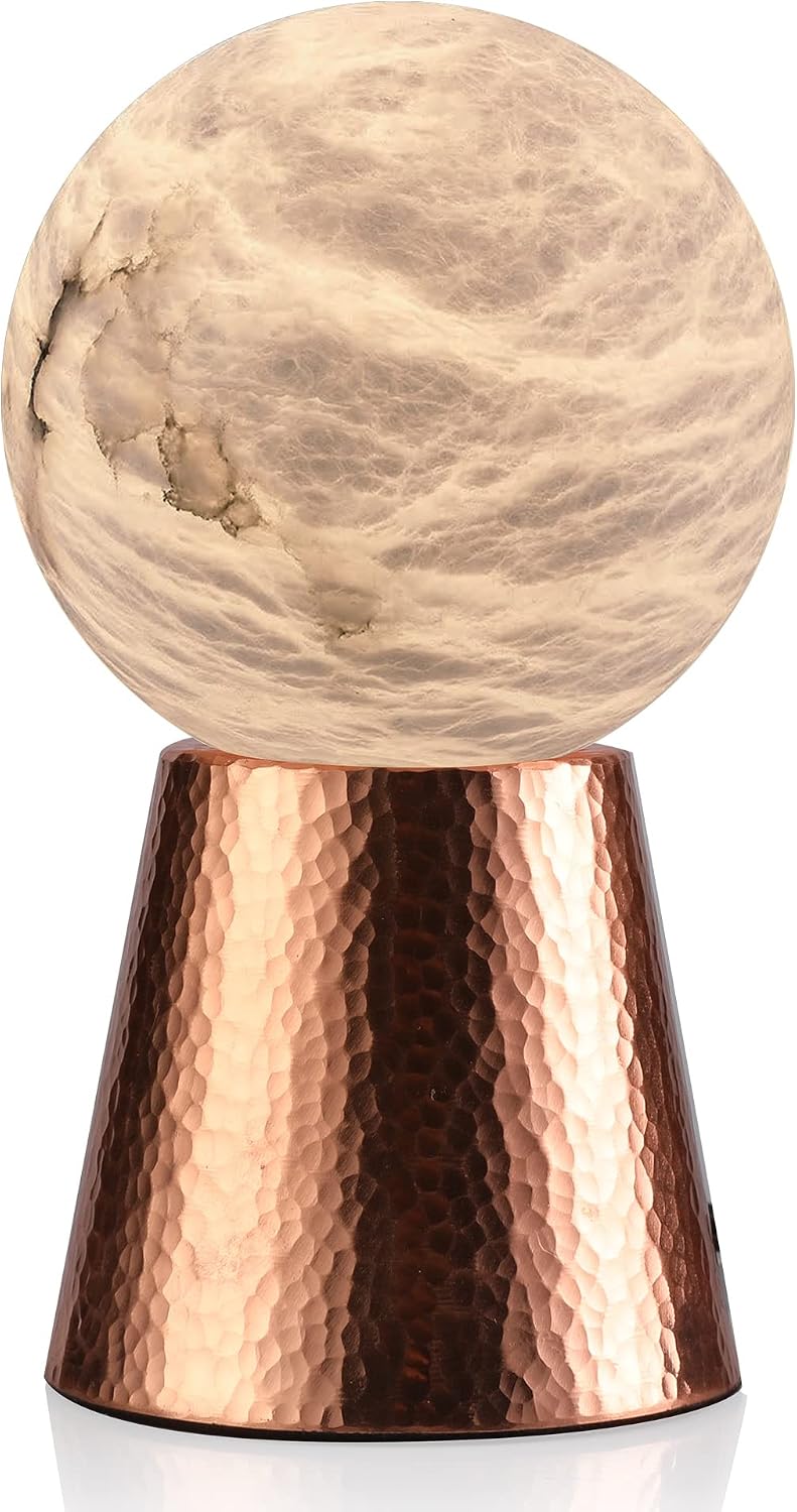 Handcrafted Natural Spanish Alabaster Stone Moon Lamp with Purple Copper Stand Elegant LED Night Light Premium Mini Table Lamp for Home, Office, and Luxury Decor