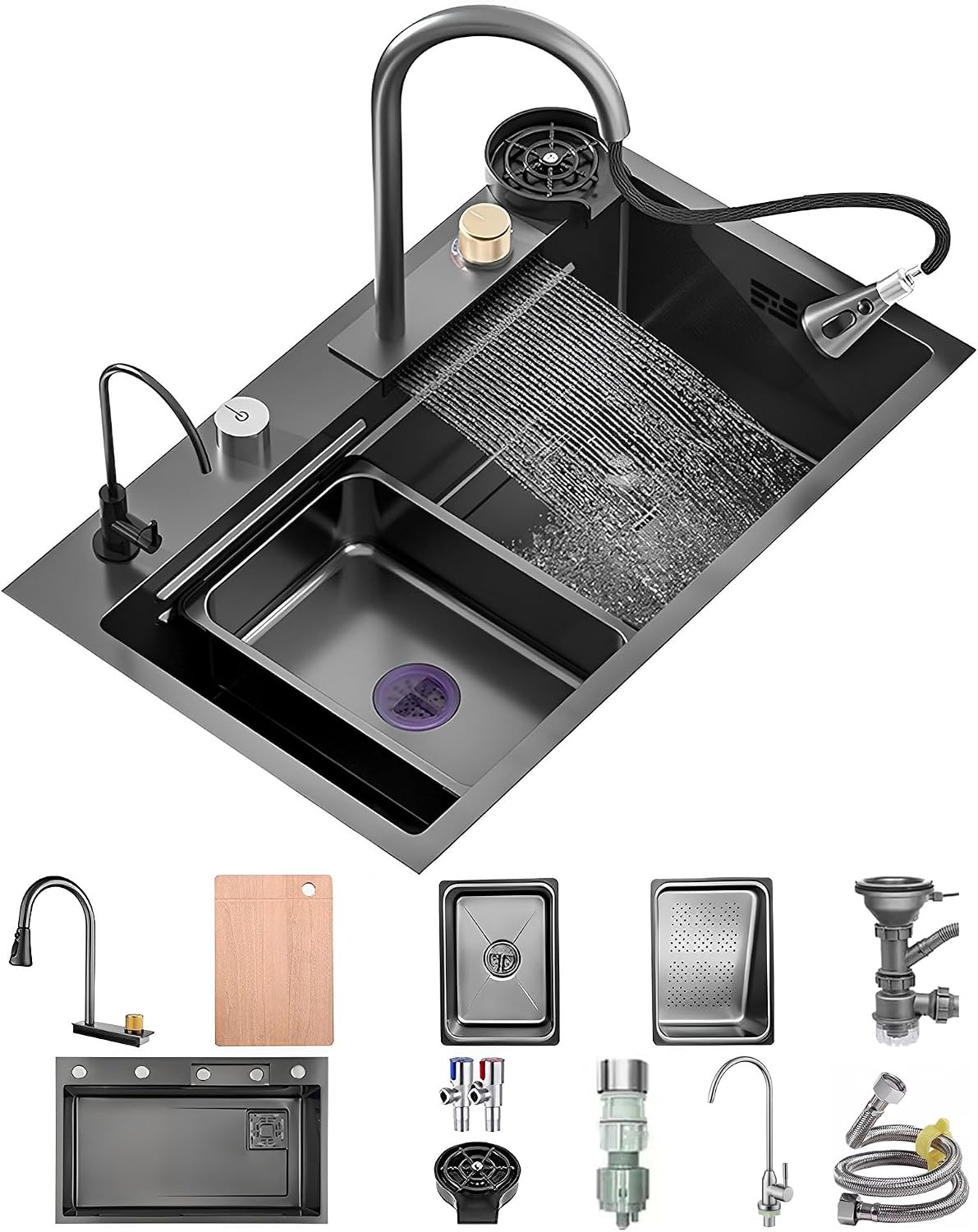 Waterfall Kitchen Sink Stainless Steel Top Mount Sink Black Nano Single Bowl Sink Multifunctional Workstation Sink with Pull-Out Faucet, Glass Cup Washer, D(Black-65x50x22cm