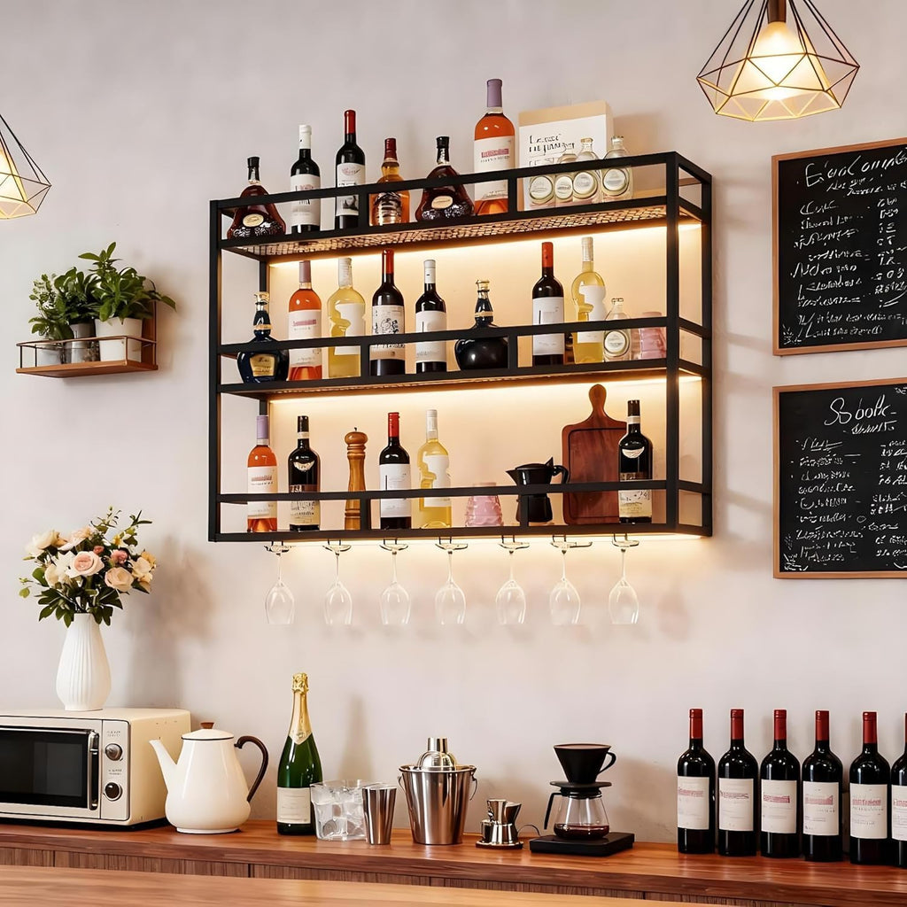 39' Wall Mounted Wine Rack with Bottle Glass Holder, 3-Tiers Metal Bar Shelves for Liquor Bottles with LED Light, Wall Wine Rack for Home, Restaurant, Commercial Bar, Kitchen Storage Display