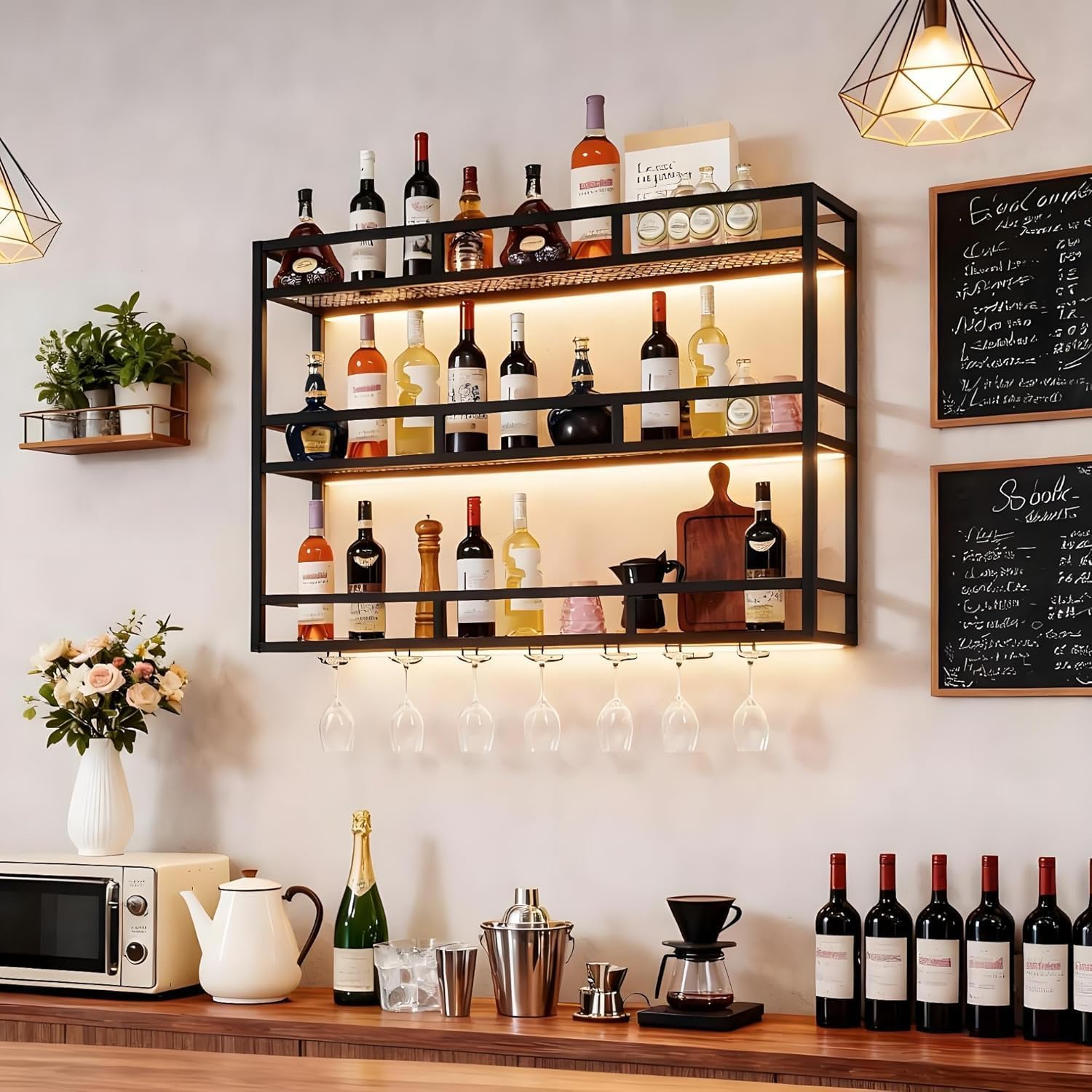 39' Wall Mounted Wine Rack with Bottle Glass Holder, 3-Tiers Metal Bar Shelves for Liquor Bottles with LED Light, Wall Wine Rack for Home, Restaurant, Commercial Bar, Kitchen Storage Display