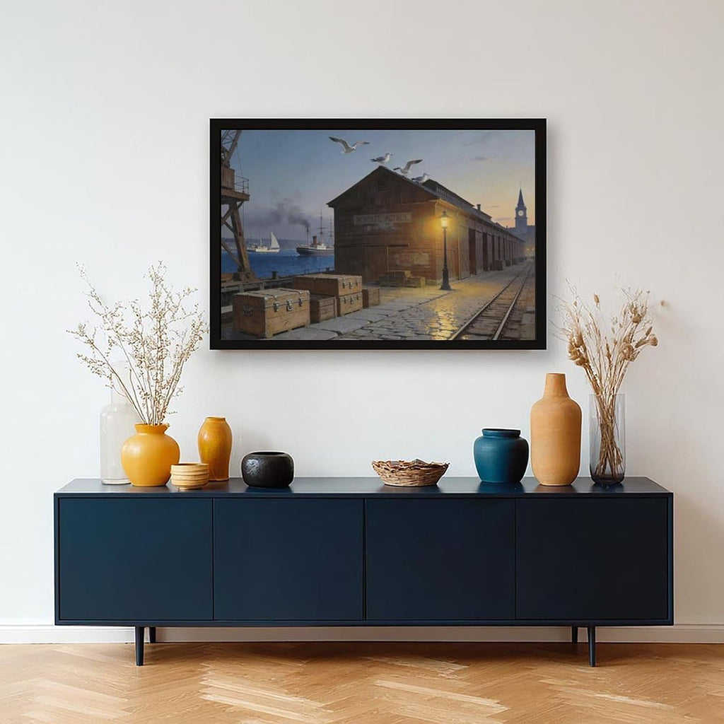Coastal Harbor Pier Wall Art Canvas Print, Sunset Dock Seagulls Vintage Maritime Painting, Nautical Wall Decor for Living Room Office Bedroom 24x36in