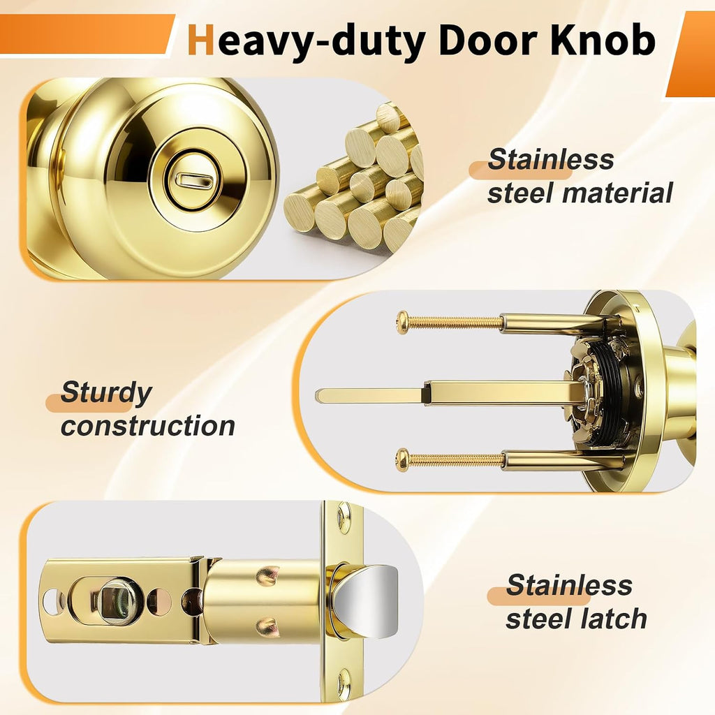 Probrico Polished Brass Door Knobs, Interior Door Knobs with Round Ball Knob, Nickel Privacy Door Knob for Bedroom Bathroom, 12 Pack