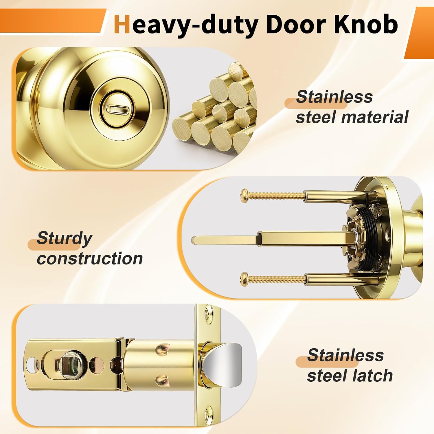 Probrico Polished Brass Door Knobs, Interior Door Knobs with Round Ball Knob, Nickel Privacy Door Knob for Bedroom Bathroom, 12 Pack