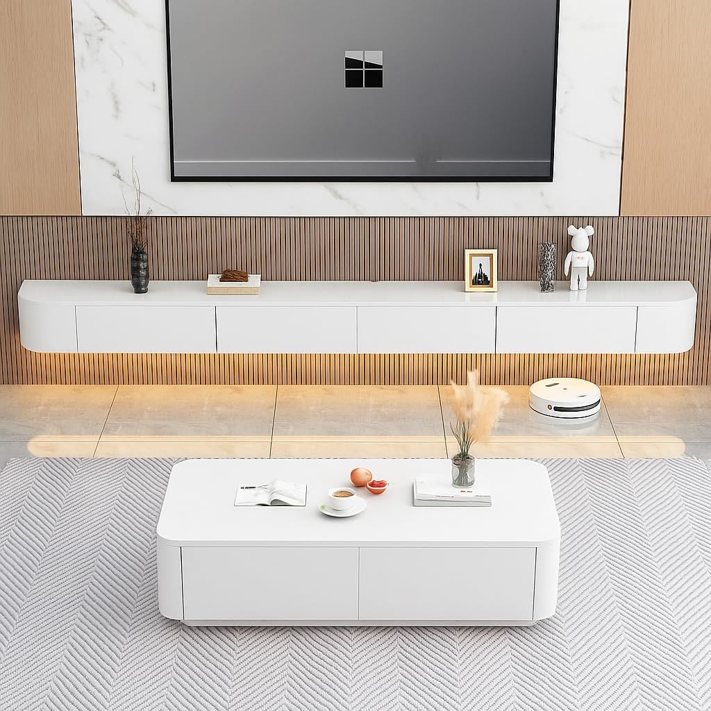 Floating TV Stand, 47-118 in Wall Mounted TV Cabinet,TV Stand with Door, Modern TV Media Console Center Large Storage TV Shelf for Living Room/Bedroom (White-Light, 110IN)