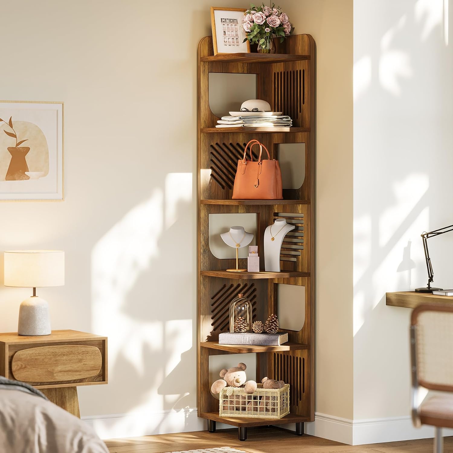 Tribesigns 6-Tier Corner Bookshelf, Tall Narrow Corner Shelf Bookcase with Hollow Design, Farmhouse Skinny Display Shelf for Living Room, Bedroom, Small Space, Yellow