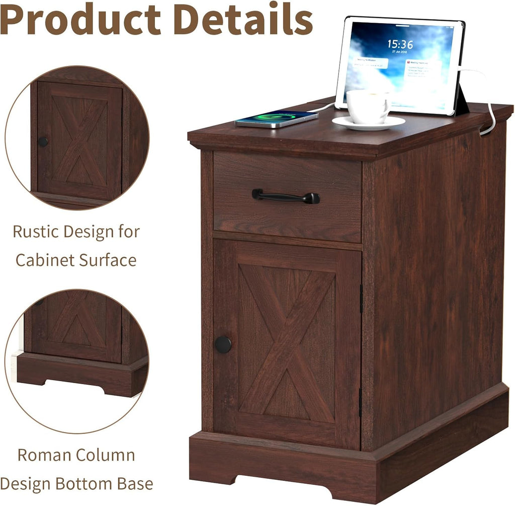 HOMMPA Farmhouse End Table with Charging Station Set of 2, 23.6'' Narrow Side Table with Barn Door Roman Column Design, Rustic Wood Sofa Side Table with Drawer & Cabinet for Living Room, Maroon Brown