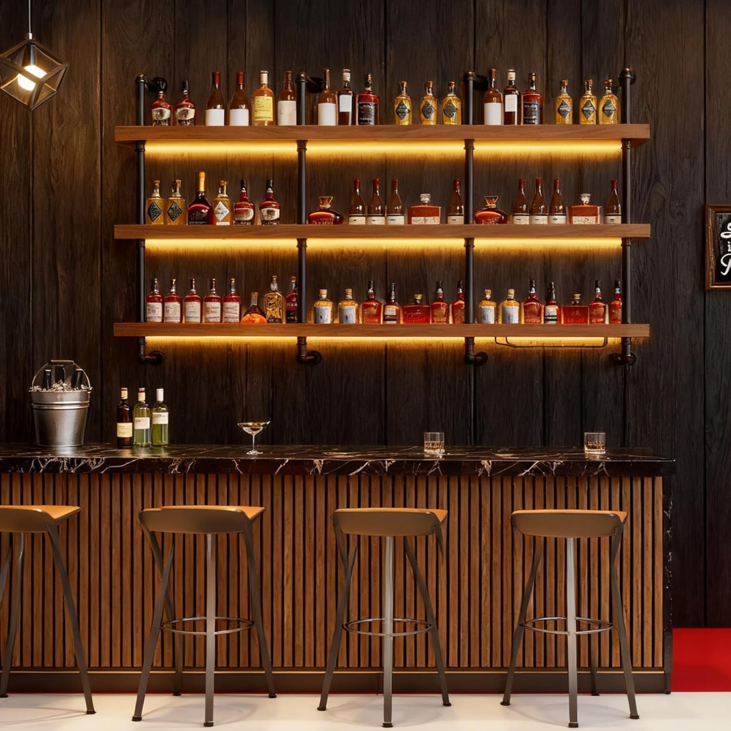 62.9in Large Wine Rack with LED Light Solid Wood Wall Mounted Wine Rack, 3-Tiers Liquor Bottles Floating Shelves Display Storage Organizer for Home Bar & Dining Room (160cm/62.9in)