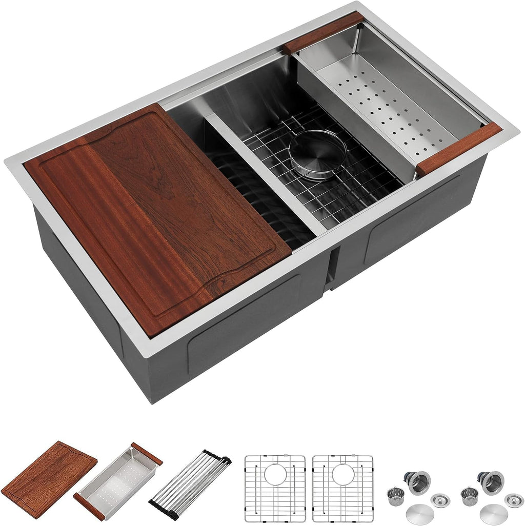 Dcolora 36 Inch Large Double Bowl Low-Divide Kitchen Sink Undermount 16 Gauge Stainless Steel 50/50 Split with Workstation, 36'x19'x10' Double Basin, DC-U7738