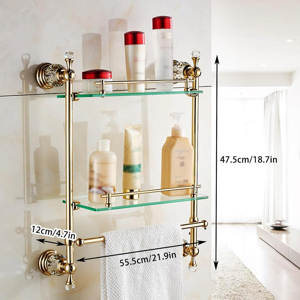 2-Tier Gold Wall Mounted Tempered Glass Bathroom Shelf with Towel Rack - Modern, Contemporary Style