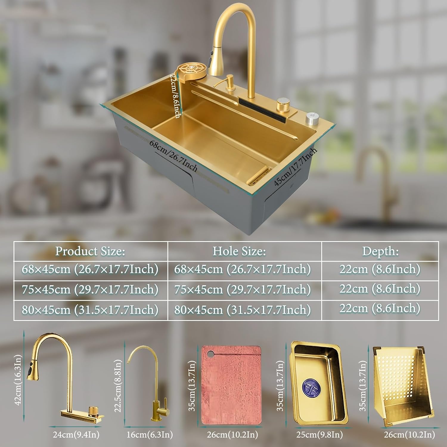 Gold Nano Kitchen Waterfall Sink Set With Multi-Function Pull-Out Faucet Complete Versatile Workstation Bar Prep Sink Bundle Deep Single Bowl Sink Space-saving Sink ( Color : Gold , Size : 68x45cm )