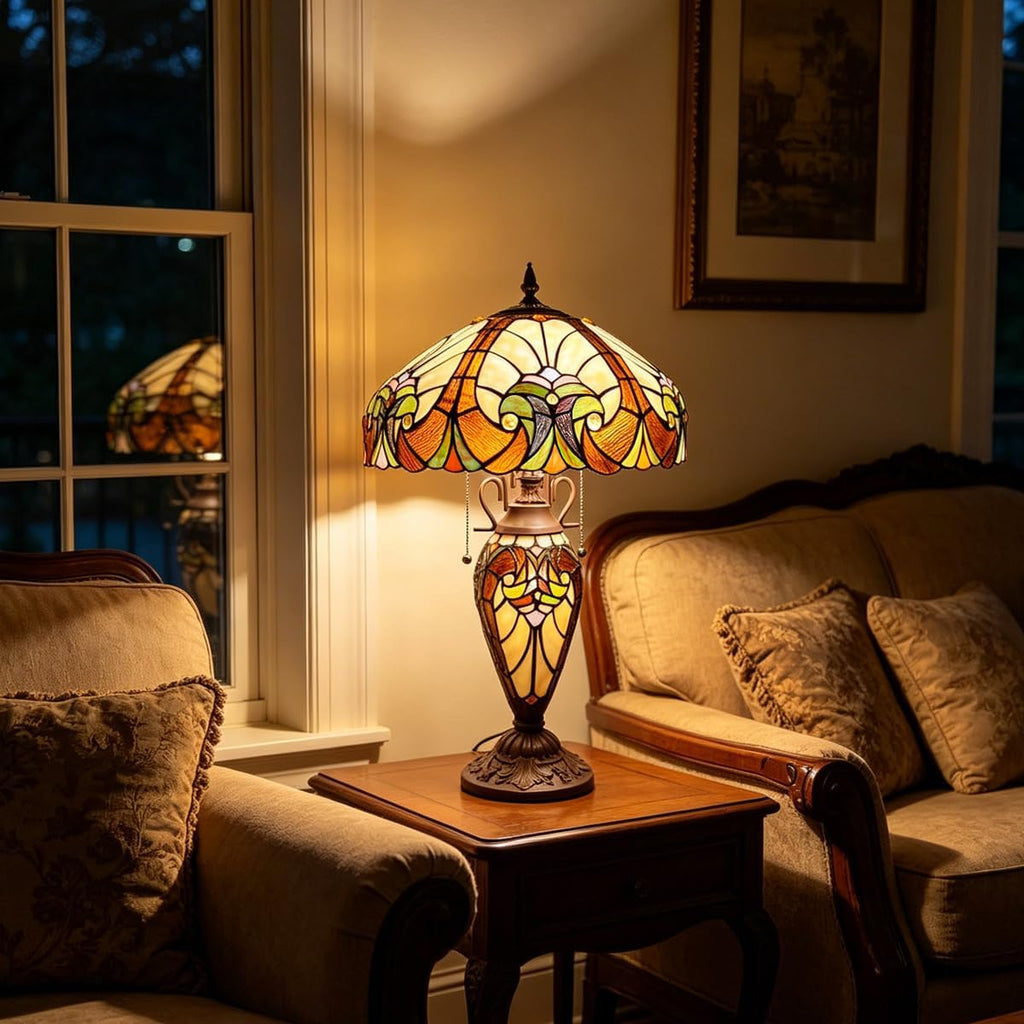 Tiffany Table Lamp Night Light 16' Wide Handmade Stained Glass Lamp Shade 3 Light Amber Cream Victorian Style Vintage Table Lamp for Home and Office