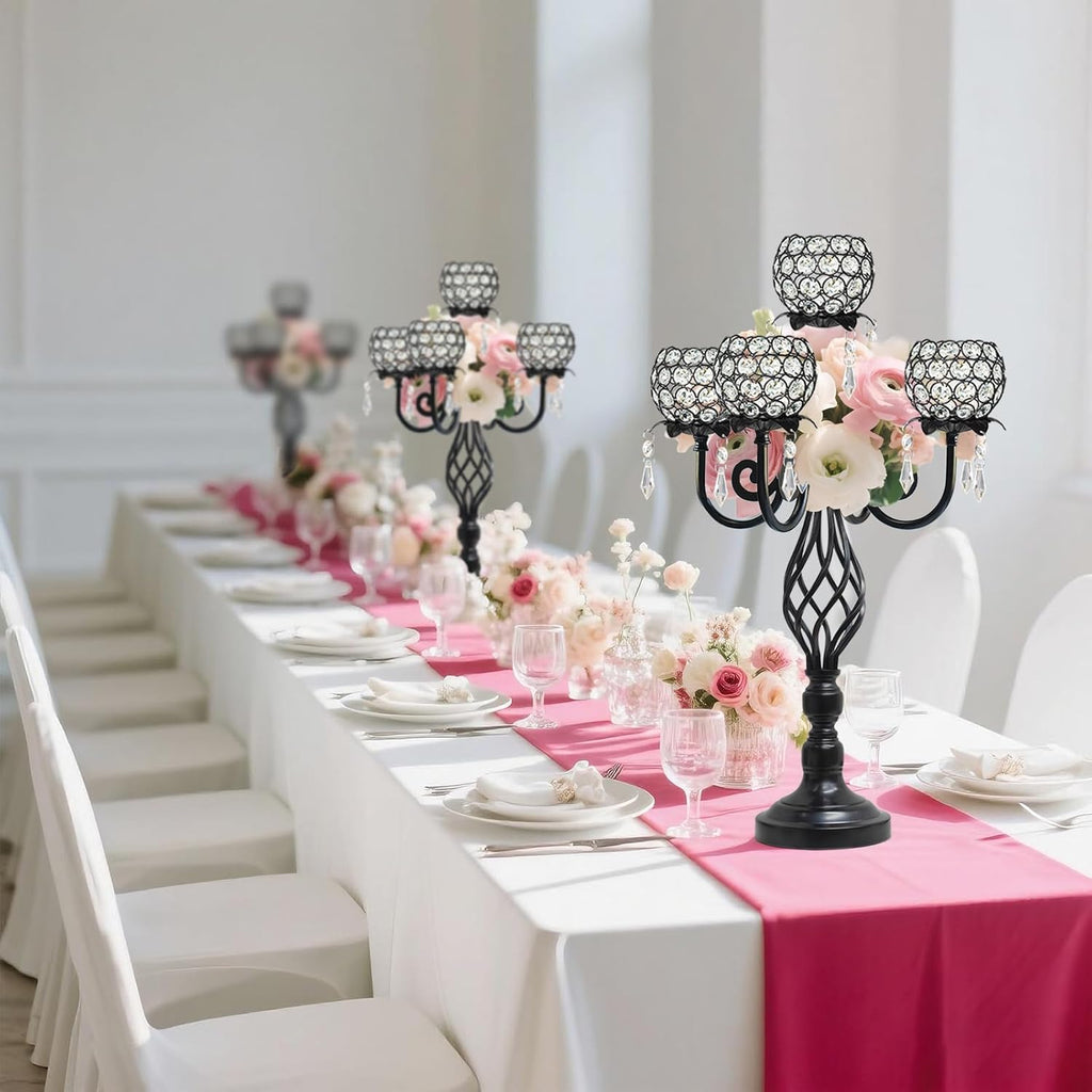 5-Arm Crystal Candelabra Centerpiece 23.2' Tall - Elegant Candle Holder Stand with Crystal Bowl, Chic Table Decor for Weddings, Parties, Anniversary & Home Decoration (4, Black)
