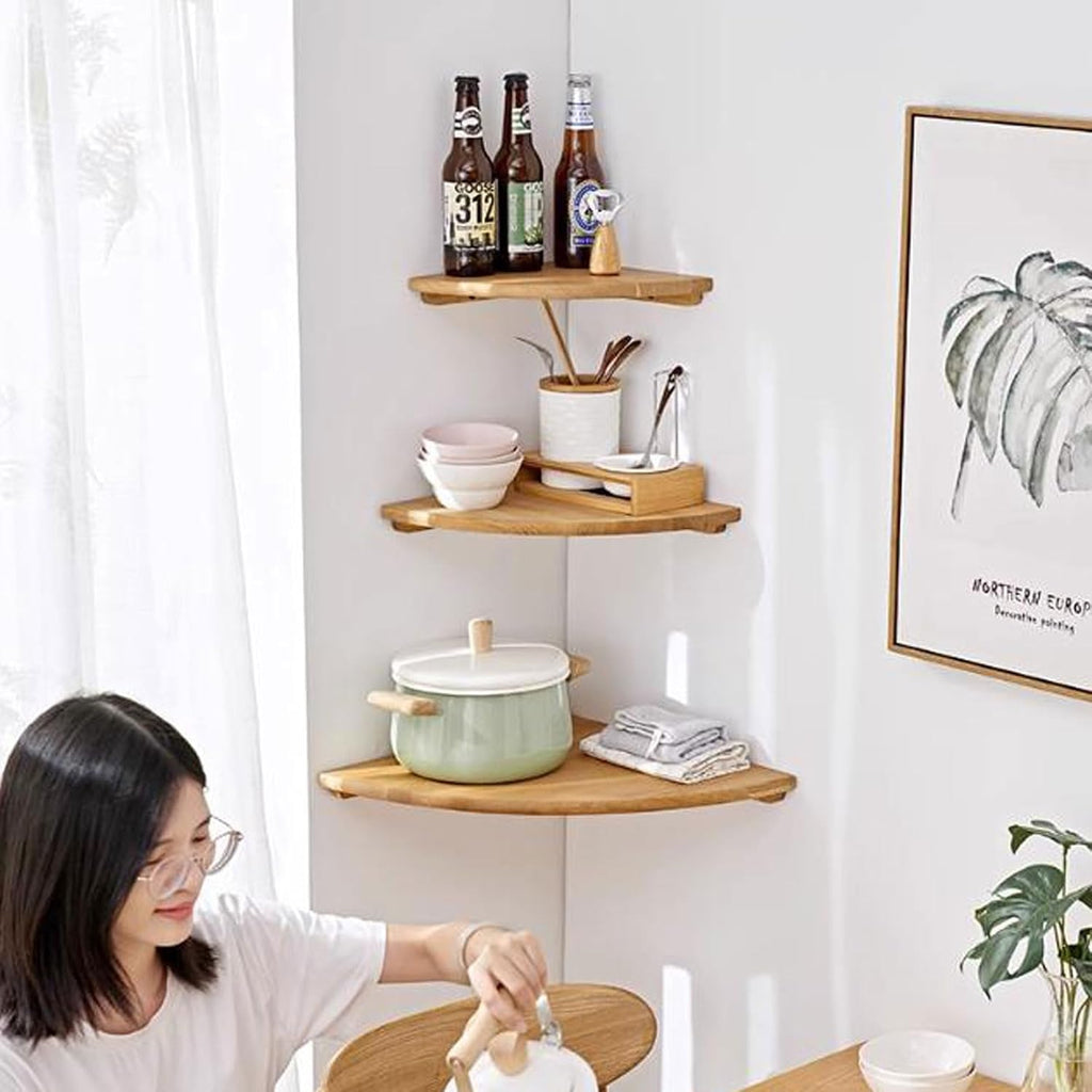 Wall Shelf 3pcs set Corner Floating Shelf, Solid Oak Wood Floating Corner Shelf Wall Mounted , Wall Display Shelf for Small Plant Photo Frame for Bedroom Kitchen, Living (Nature-3pcs Set-One Size)