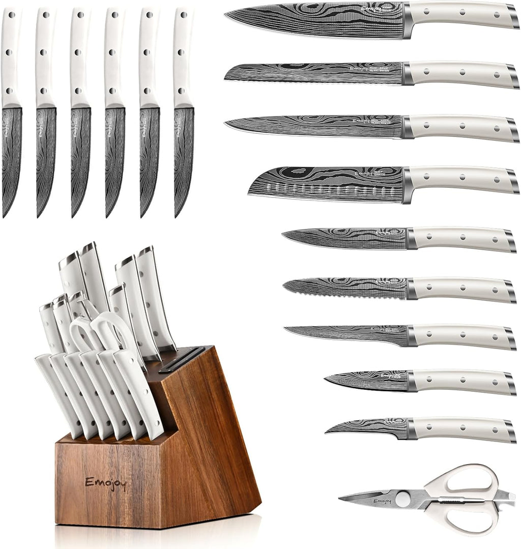 Emojoy Knife Set, 18 Piece Kitchen Knife Set with Block and Built-in Sharpener, Full Tang German Steel Knife Block Set for Kitchen, Razor Sharp Knives Set with Wooden Block