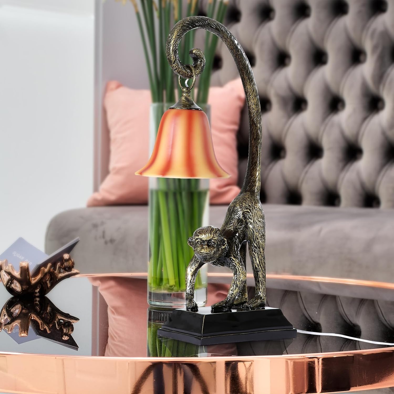 Modern Resin Bronze Monkey Table Lamp,Desk Lamp,Animal Lamp,Bedside LED Light for Home Decor,Living Room, Bedroom, Home Office, Kids Room(Bronze)