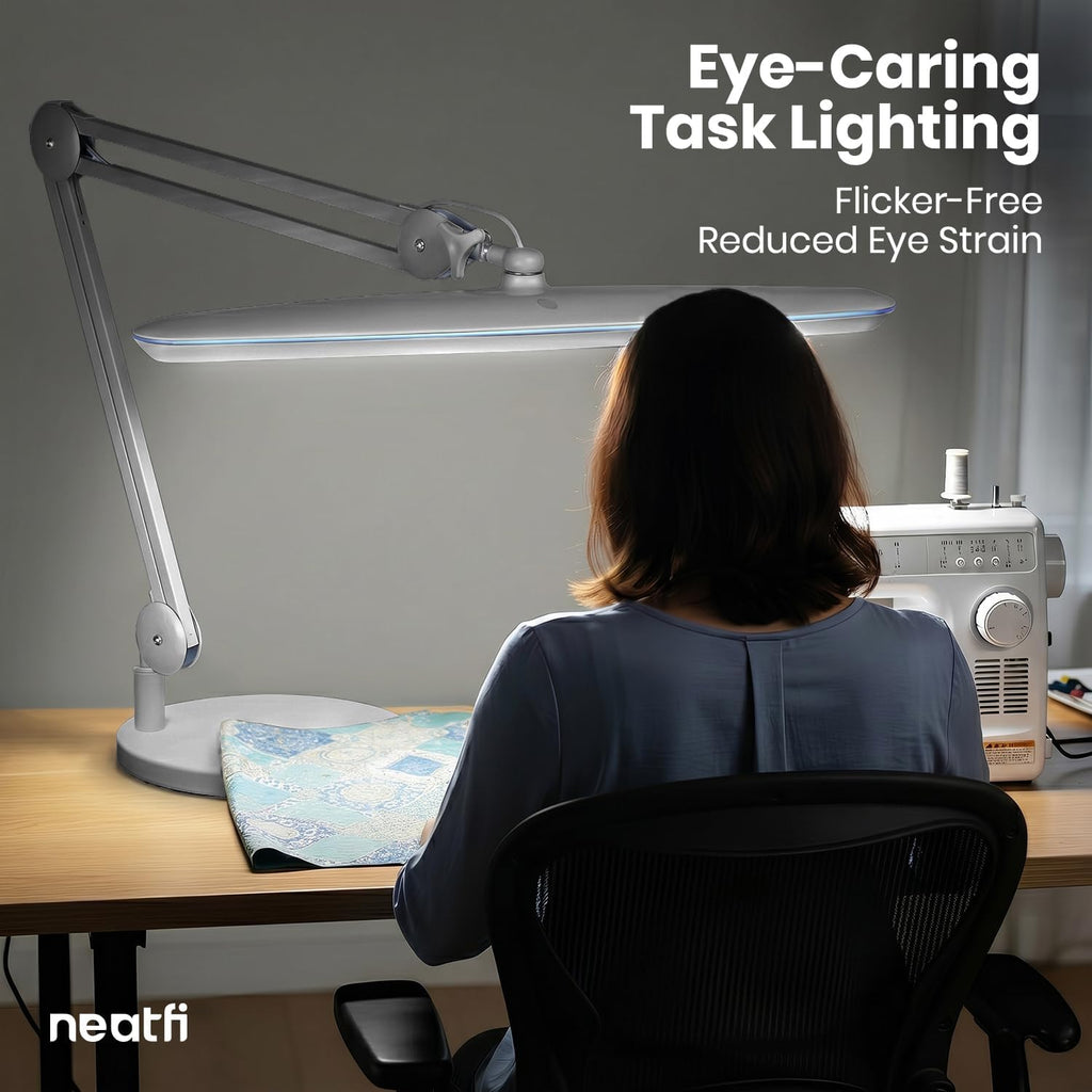 Neatfi XL 24W LED Desk Lamp – 2,200 Lumens | 23' Wide Shade | Dimmable Eye-Caring Task Light | Adjustable Arm | Office, Study, Crafting & Nail Techs (Silver, Non-CCT with Base)