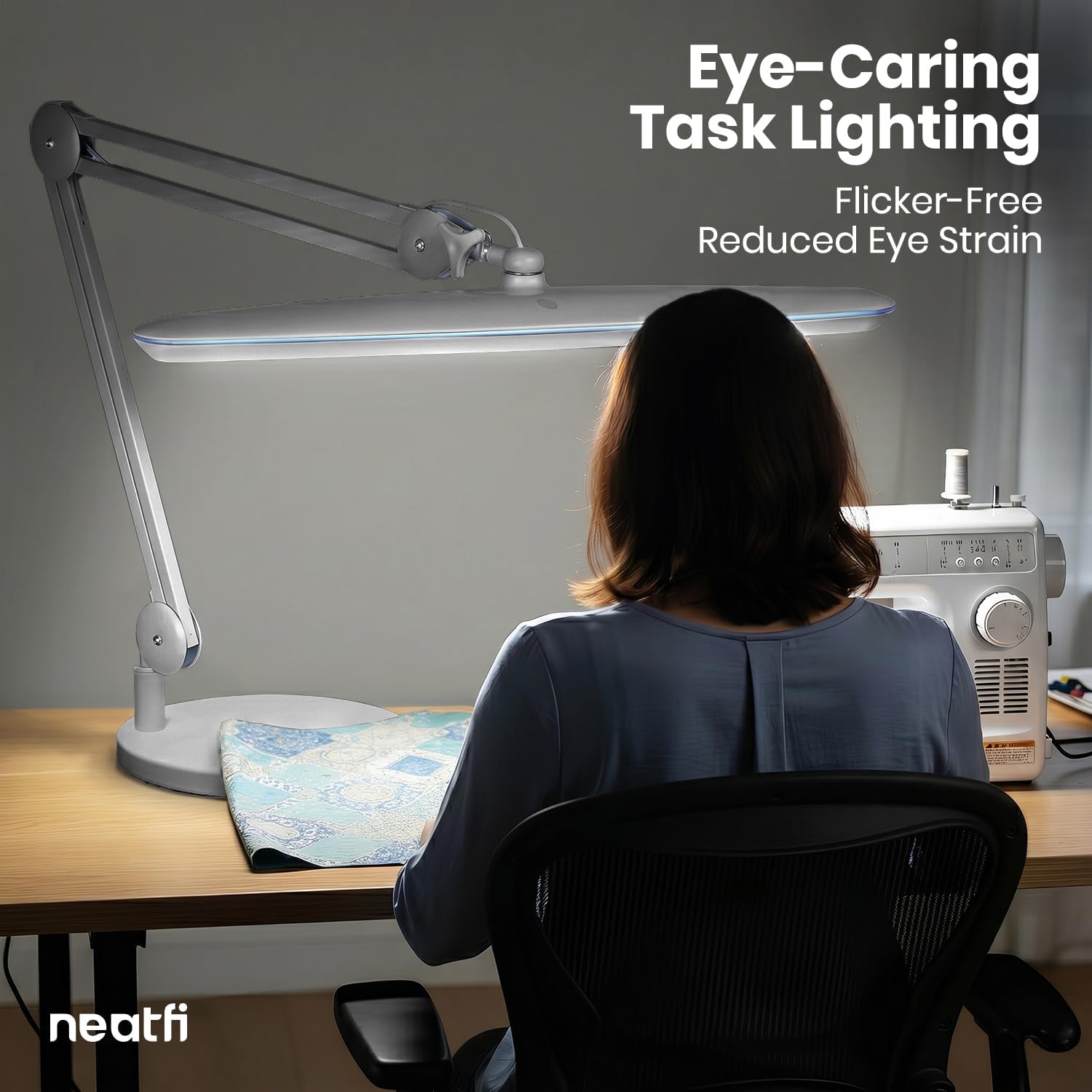 Neatfi XL 24W LED Desk Lamp – 2,200 Lumens | 23' Wide Shade | Dimmable Eye-Caring Task Light | Adjustable Arm | Office, Study, Crafting & Nail Techs (Silver, Non-CCT with Base)