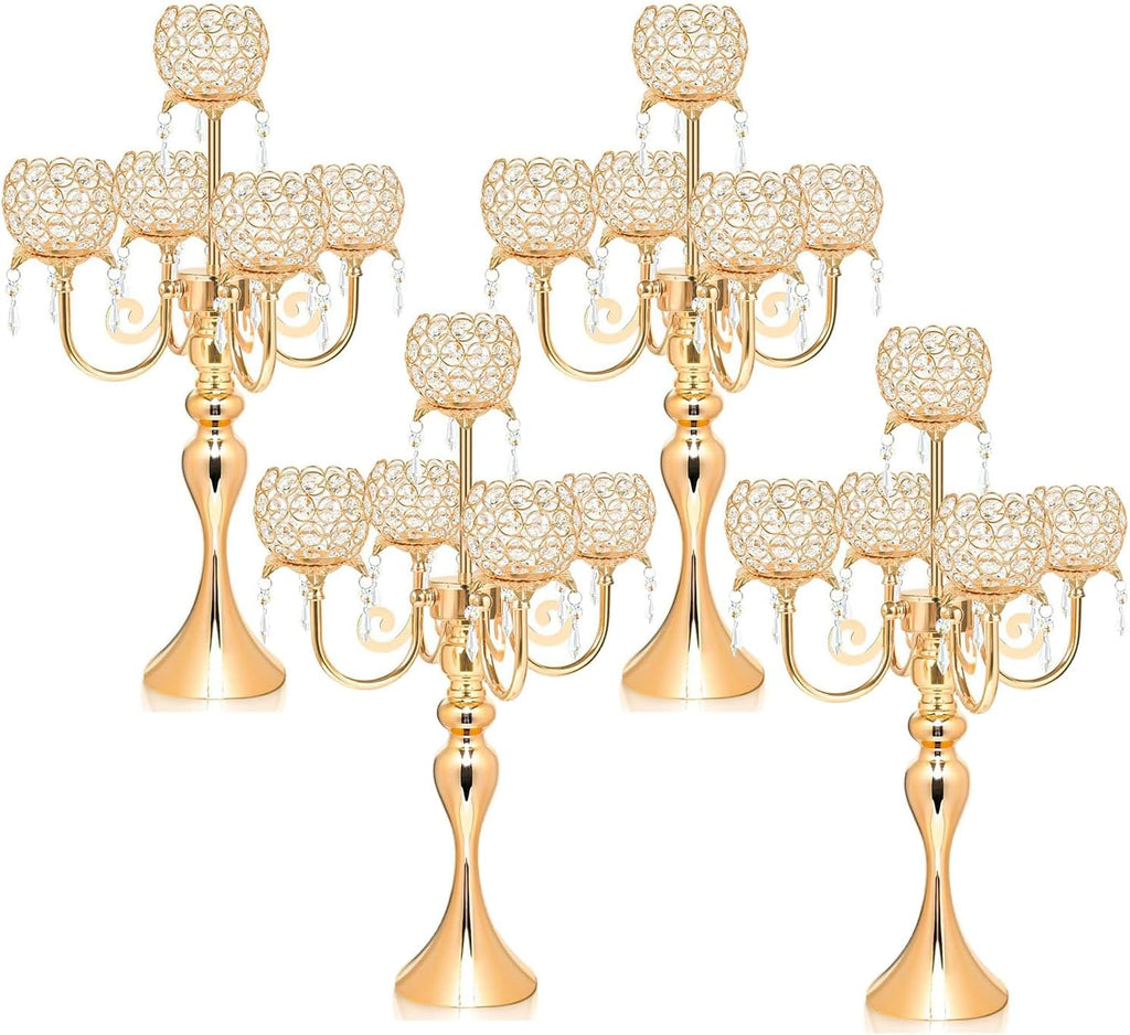 Set of 4 Candlesticks 5 Arm Crystal Strap Pendant Gold Table Decor Candelabra, 22.5 inches Elegant Dining Room Centerpieces for Holiday Parties Weddings (4, Gold)