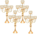 Set of 4 Candlesticks 5 Arm Crystal Strap Pendant Gold Table Decor Candelabra, 22.5 inches Elegant Dining Room Centerpieces for Holiday Parties Weddings (4, Gold)