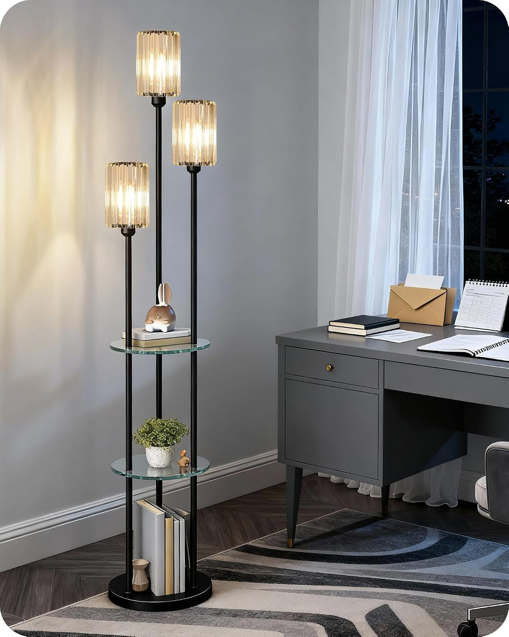 Black Floor Lamp with Shelves, Modern Floor Lamp with 3 Crystal Shades and Foot Switch, 3-Light Standing Lamp, for Living Room, Bedroom, Study, Office, Black B53LD05