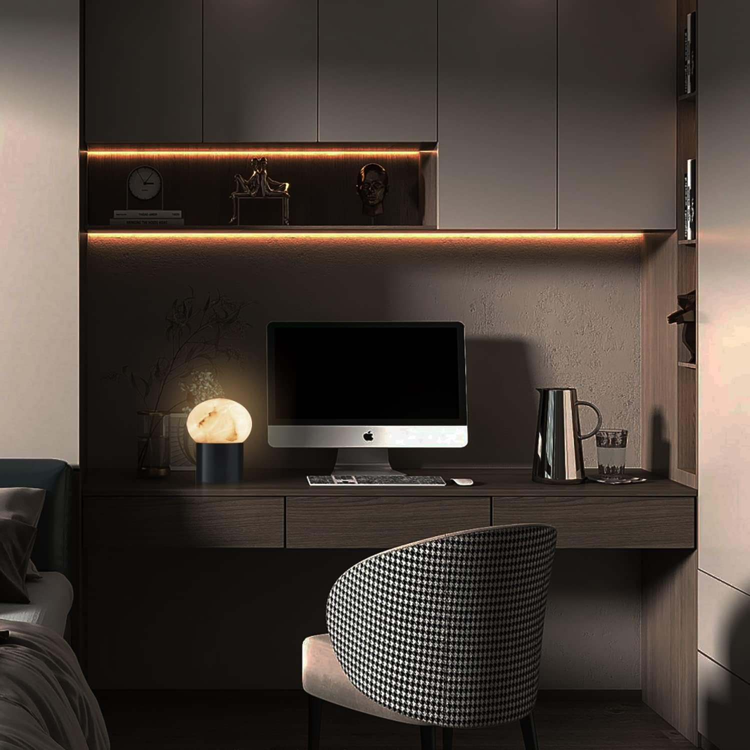 Handcrafted Natural Alabaster Unique Stone Table Lamp with Metal Stand, Mini LED Modern Stone Box Desk Lamp with Unique Veining(3.93x4.7 Inch)