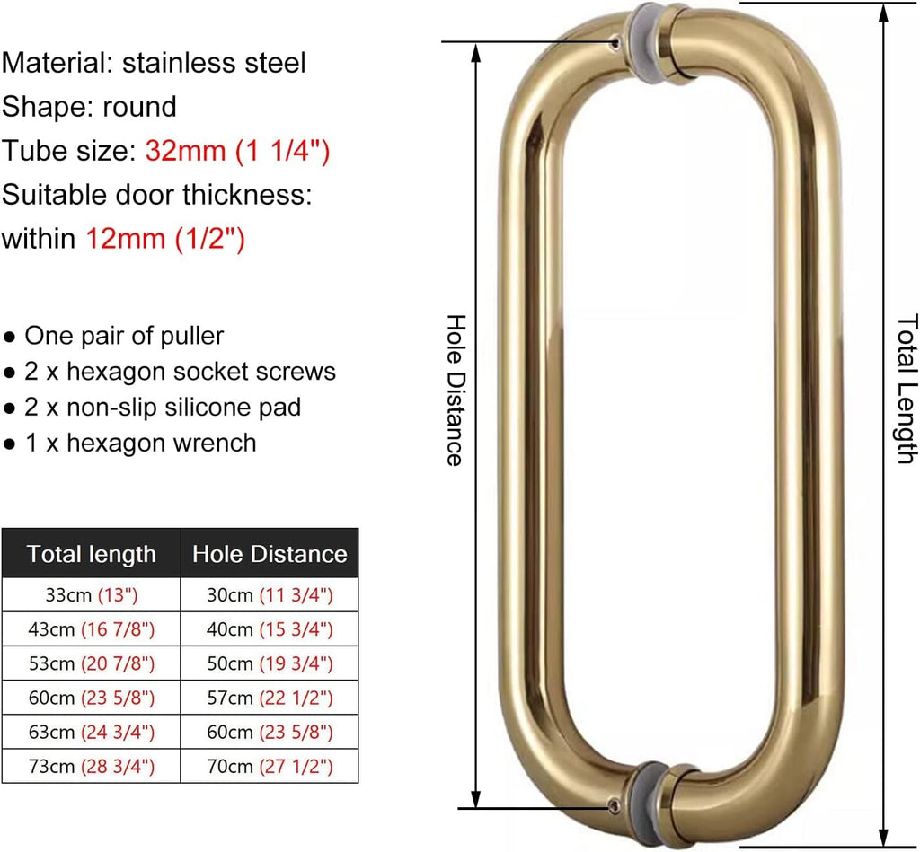 Double Side Push Bar Door Handle, Round Style Gate Pulls for Residential, Brushed Glass Pull Handle with Mounting Screws, for Shops/Barn(Color:Gold,Size:60cm (23 5/8')*57cm)