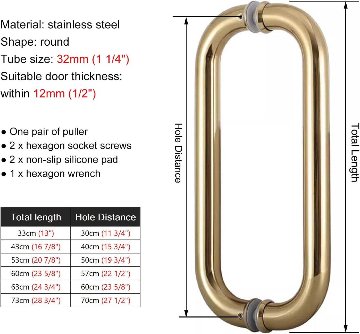 Double Side Push Bar Door Handle, Round Style Gate Pulls for Residential, Brushed Glass Pull Handle with Mounting Screws, for Shops/Barn(Color:Gold,Size:60cm (23 5/8')*57cm)
